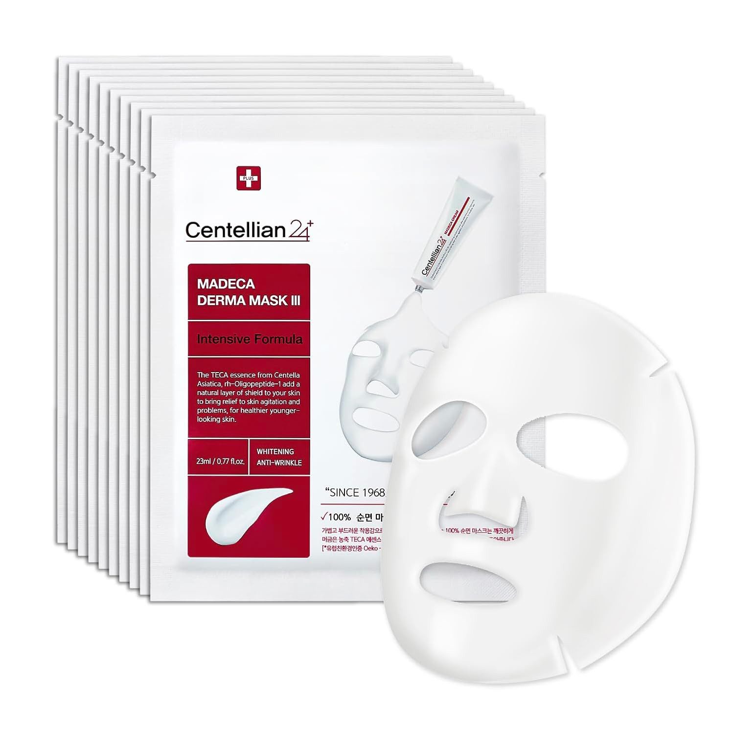 Centellian24 Gesichtsmaske Madeca Derma Mask III Intensive Formula – K-Beauty Tuchmaske mit TECA-Komplex, Niacinamide & rh-Oligopeptide-1, 100%, Baumwolle, Set 10 x 23 ml, für empfindliche & reife Haut