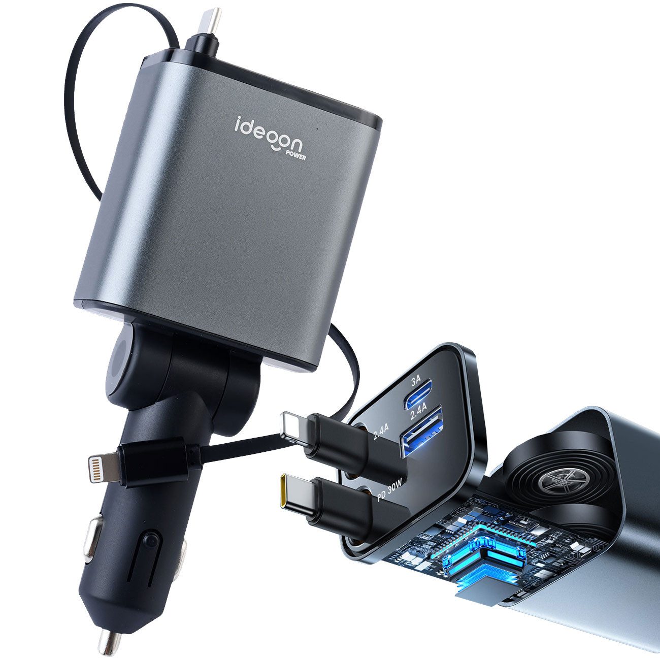 shop'n smile ideoon 4in1 KFZ Ladegerät 69W mit PD 3.0 Schnellladen Aufrollbares USB-C KFZ-Adapter zu Lightning, 69W, PD3.0 & QC, USB-C/Lightning Kabel, 2 Ports, 12–24V, Schutzsystem