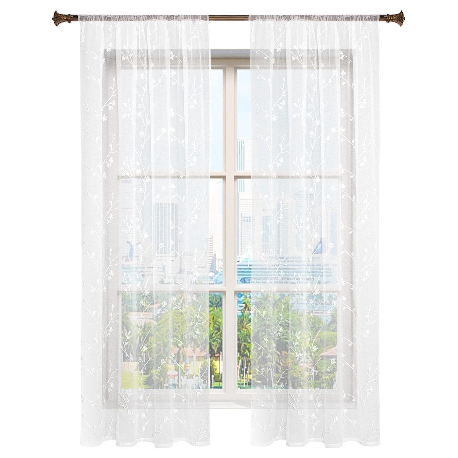 Woltu Gardine (2 St), halbtransparent, transparent Stickerei mit Kräuselband Leinen Optik