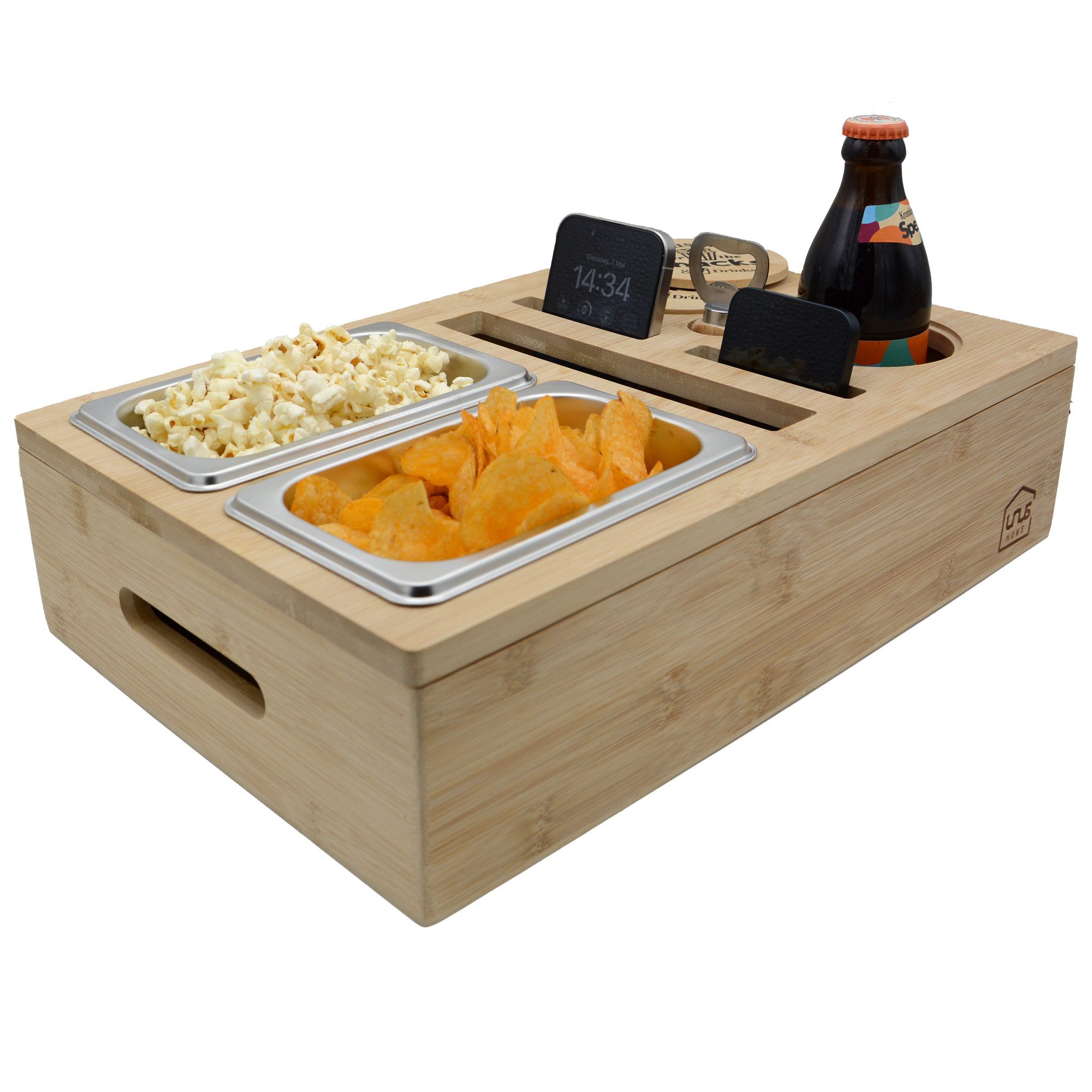 UNUS HOME Tablett Couchbar Snackbar, (40x26x10cm(LxBxH) inklusive Flaschenöffner), Bambusholz Snackbox Organizer Sofatablett Getränkehalter Snackschalen