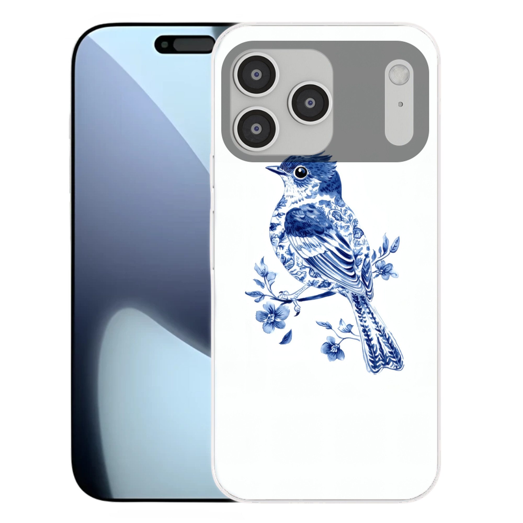MuchoWow Handyhülle für Apple iPhone 17 Pro Max Vogel - Delfter Blau - Illustration - Blum, Smartphone-Bumper, Print, Handy Schutzhülle Dünn