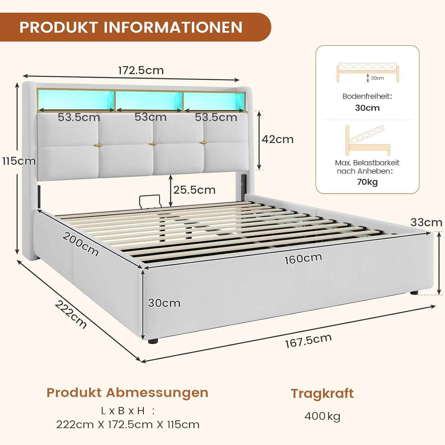 MSMASK Polsterbett mit LED Beleuchtung und Steckdosenleiste, hydraulisches günstig online kaufen