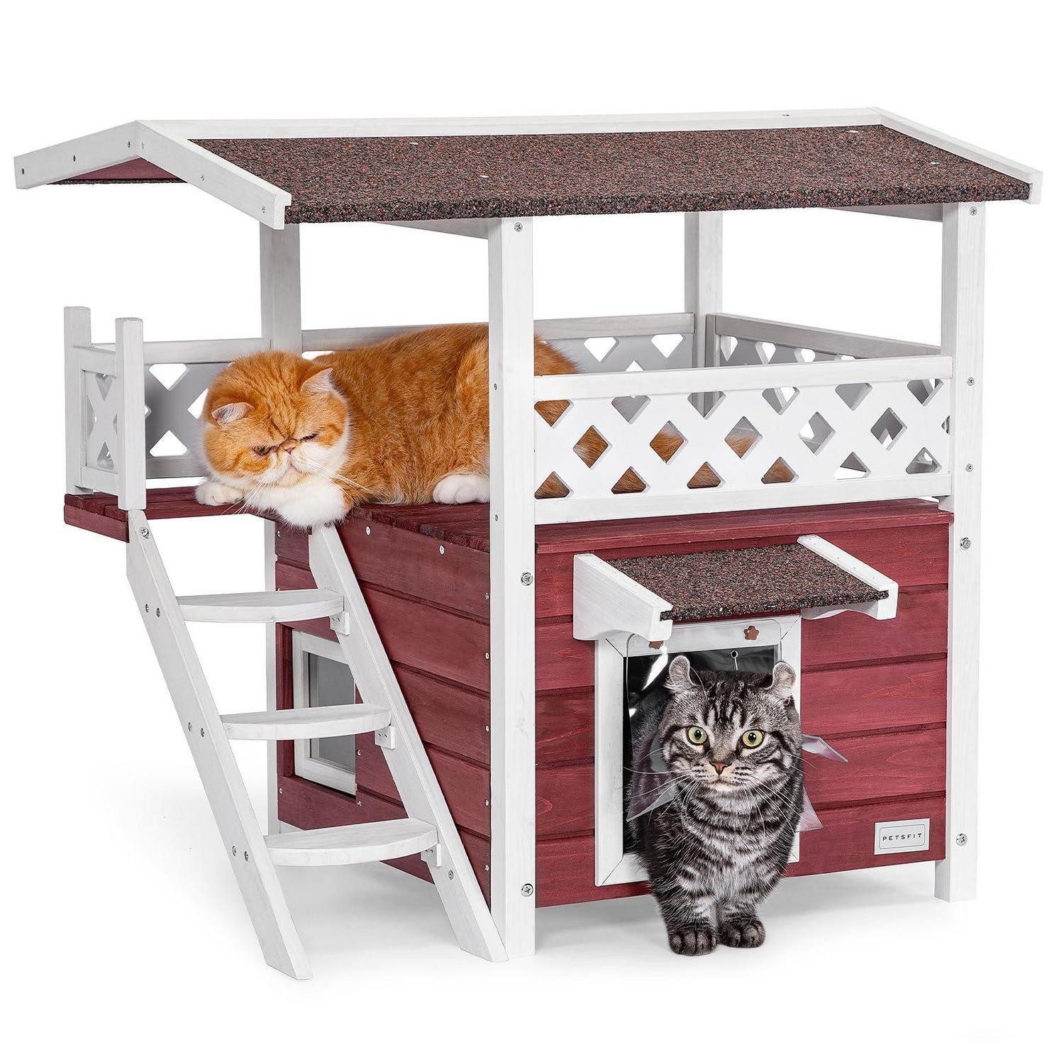 LuxusKollektion Katzenhaus Katzenhaus Outdoor Massivholz m. Terrasse & Treppe Rot