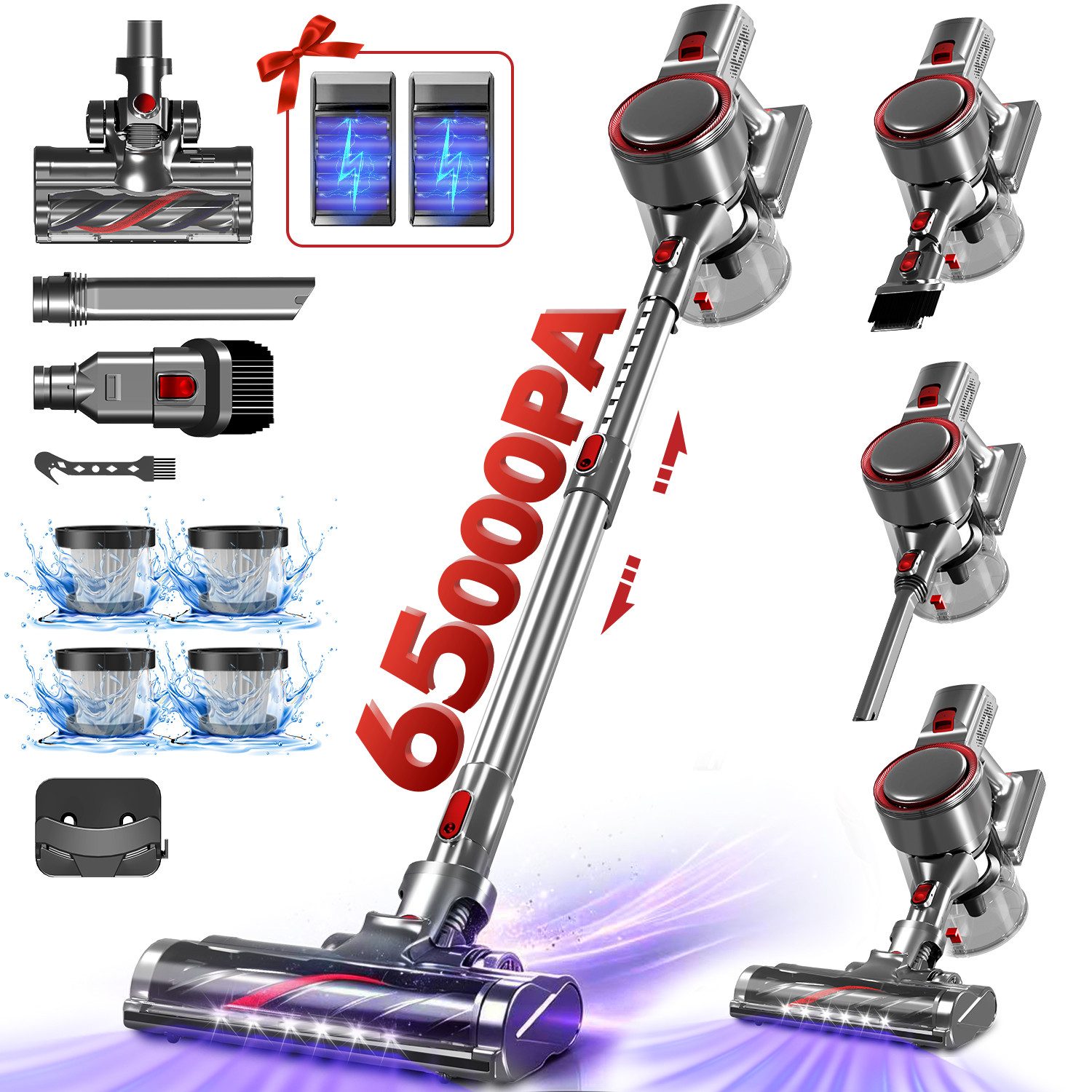 Hiazurm Akku-Hand-und Stielstaubsauger Akku Staubsauger, Staubsauger Kabellos 65000Pa/60Min/1.8L, Vielseitiger Akkusauger für Teppich, Hartboden, Tierhaare, HEPA*4, Akku-Sauger mit grünem Licht, Staubsensor und 90°-Standfunktion