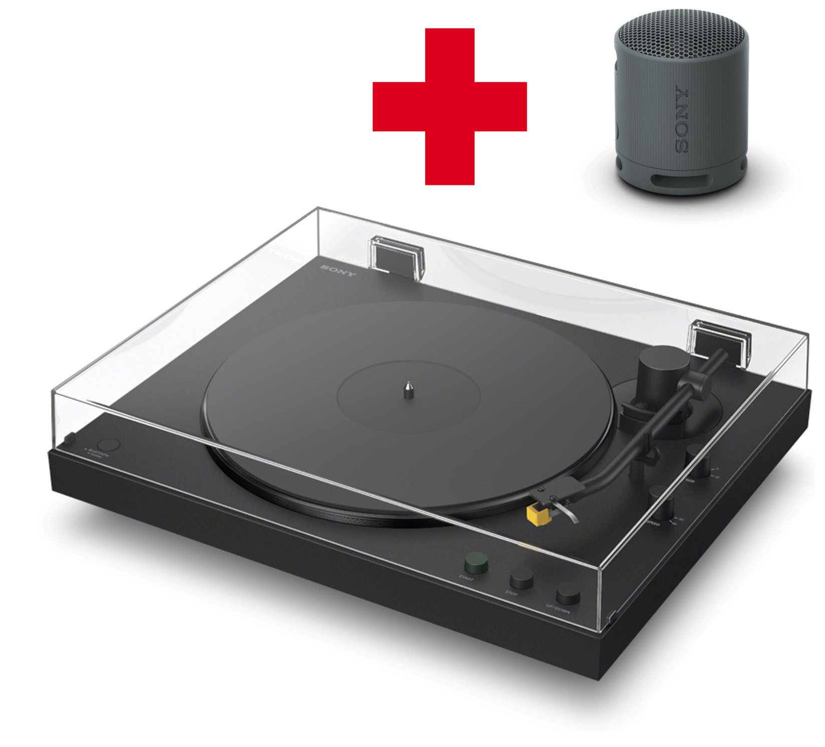 Sony PS-LX5BT + SRS-XB100 Plattenspieler (Riemenantrieb, Bluetooth, Vollautomatik, Riemenantrieb, Tonabnehmer, Hi Res Wi, Phono Vorv)
