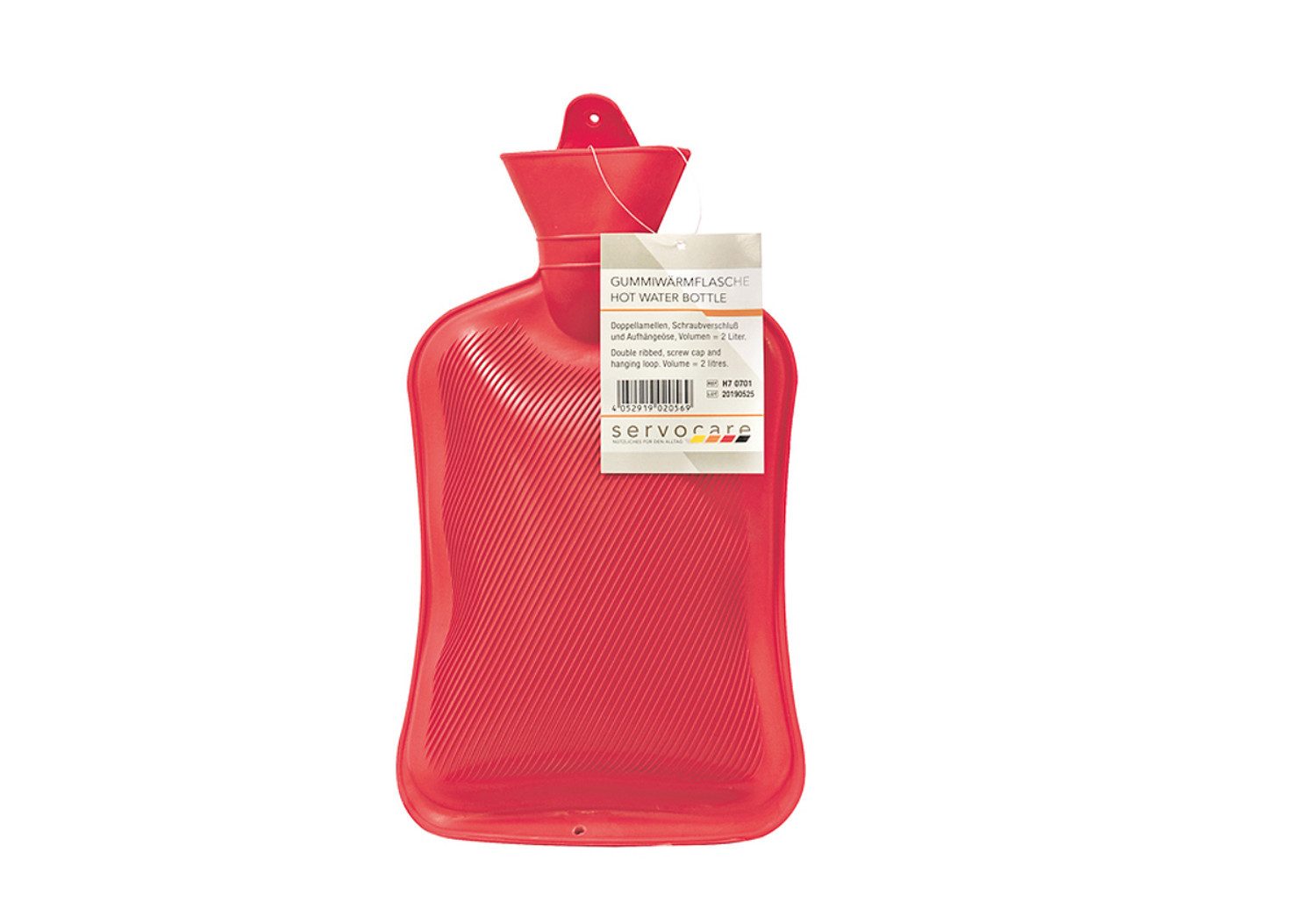 DocMed Wärmflasche mit kräftiger Doppellamellen-Qualität, (mit Praktischer Aufhängeöse, Leuchtend rote Farbe), Fassungsvermögen von 2 Litern