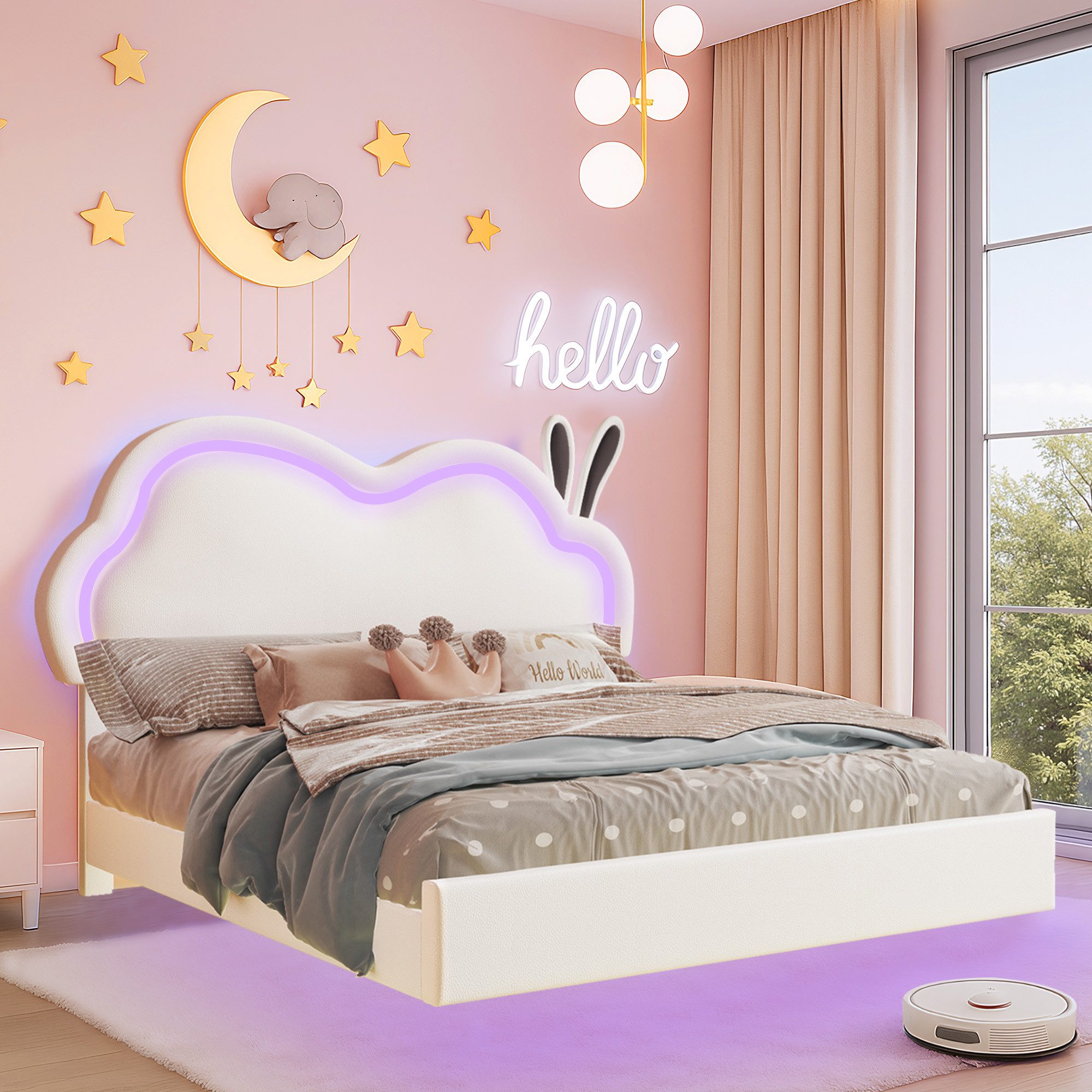 AMERLIFE Kinderbett Jugendbett mit LED & Wolken-Kopfteil – verstellbares Kopfteil (Ohne Matratze), Stabiler Metallrahmen & Modernes Schwebendes Design, 90x200cm