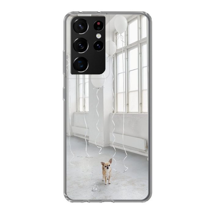 MuchoWow Handyhülle Hund - Weiß - Luftballon Phone Case Handyhülle Samsung Galaxy S21 Ultra Silikon Schutzhülle