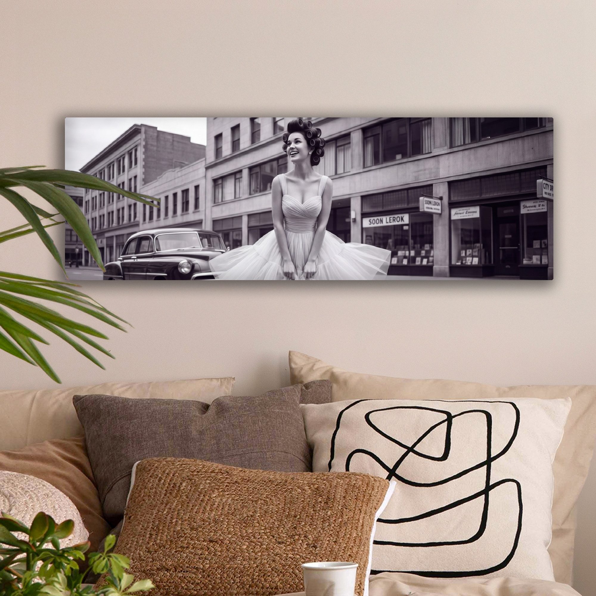 OneMillionCanvasses® Leinwandbild Panorama Retro - Frau - Schwarz - Weiß, Fotodruck (1 St), Wandbild, Deko Schlafzimmer Wohnzimmer Flur 60x20 cm