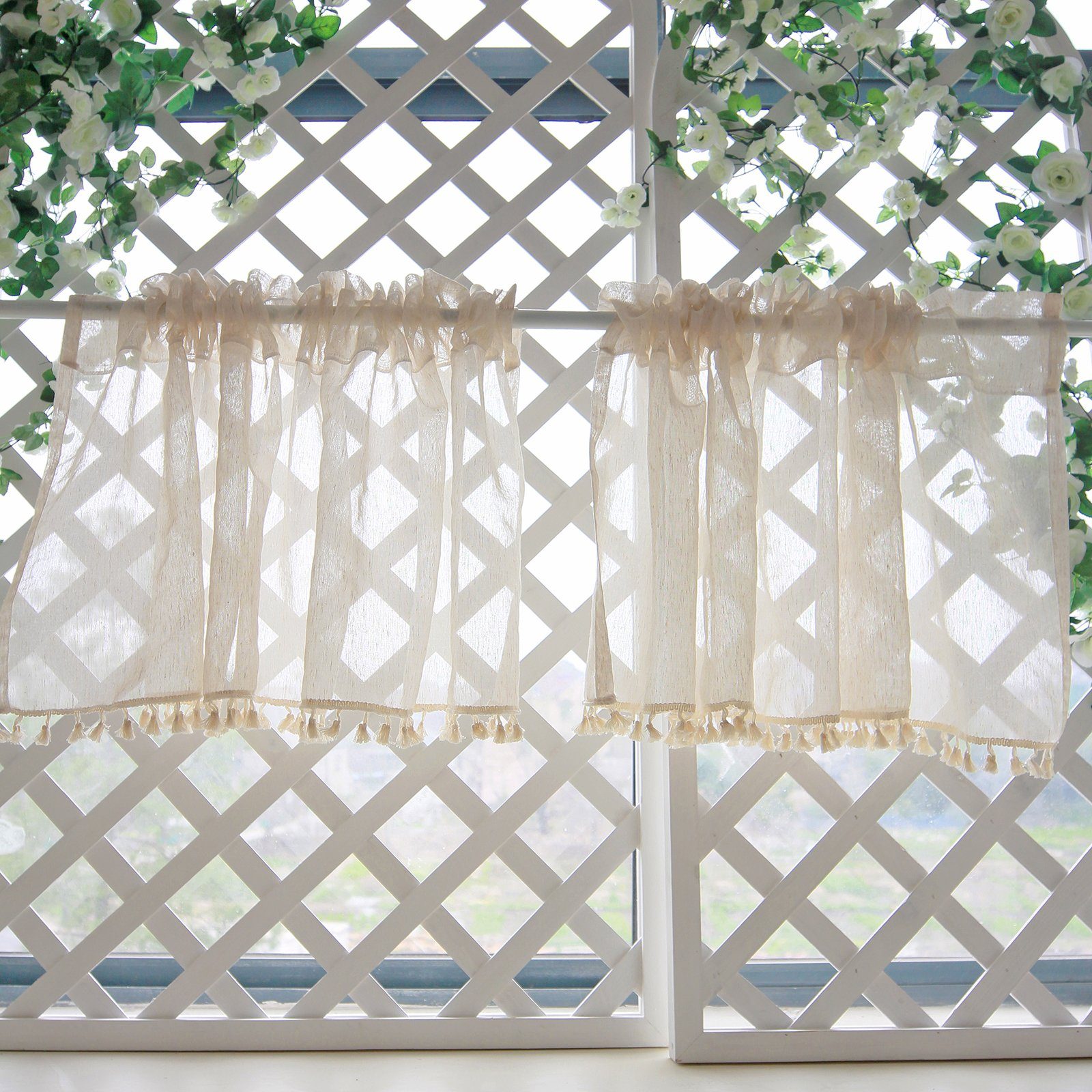 Qelus Scheibengardine Kurzgardine Bistrogardine Quasten Fenstergardinen Küc günstig online kaufen