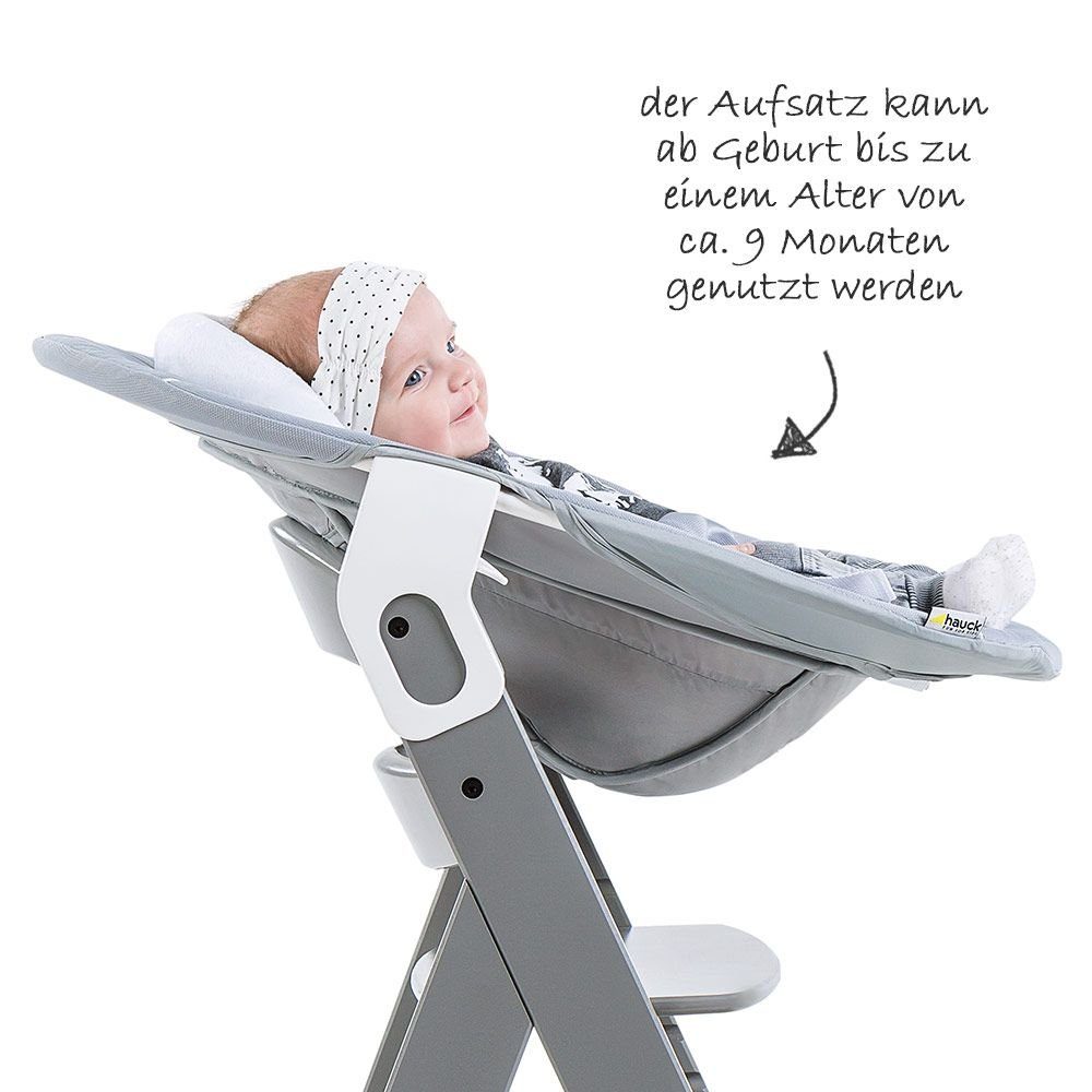 Geburt mit Grey Aufsatz Hochstuhl höhenverstellbar Neugeborene St), Holz 4 Plus Set Babystuhl Alpha Hauck Newborn für (Set, - ab