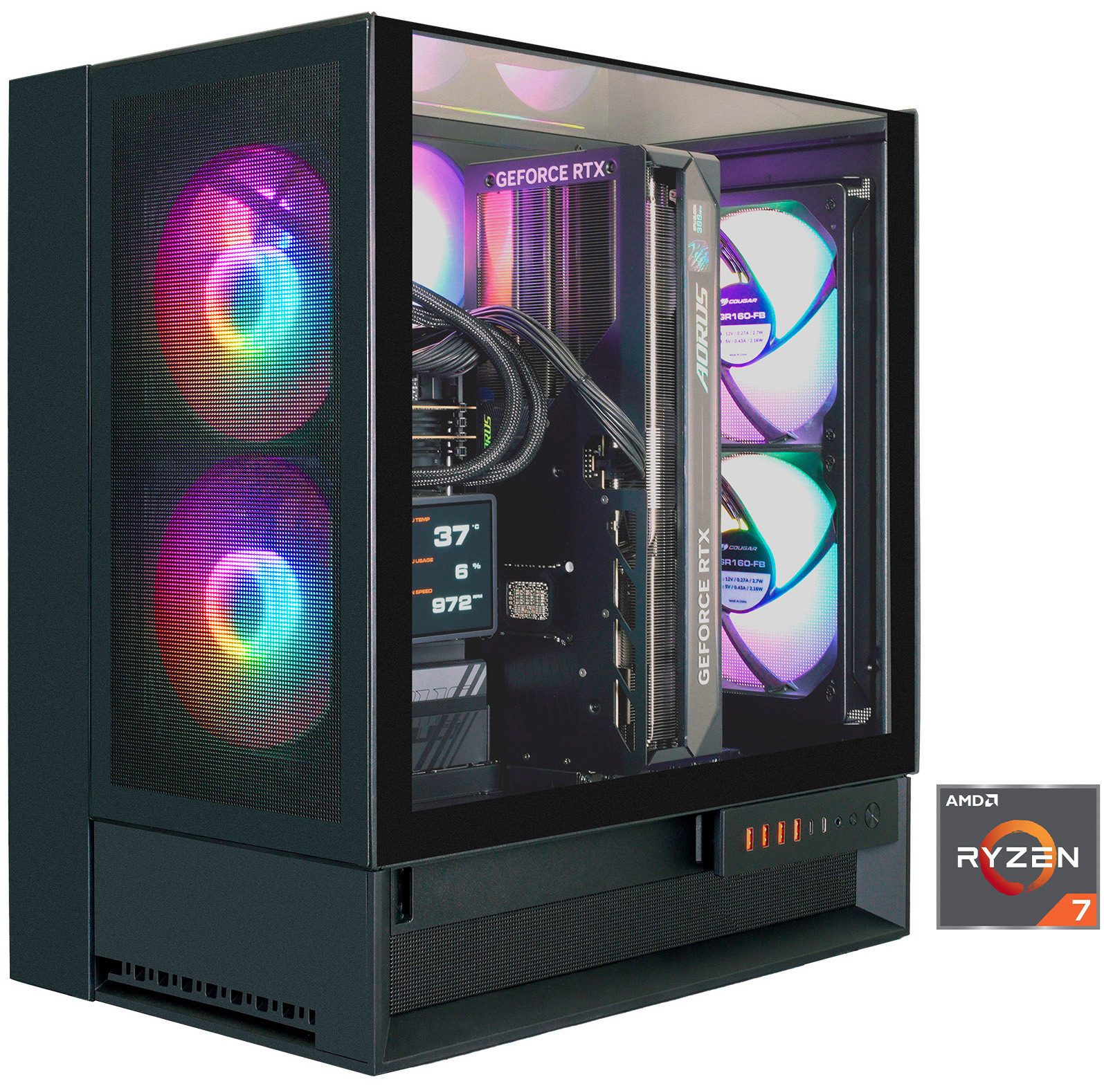 Cougar OmnyX Gaming-PC (AMD Ryzen 7 9850X3D, RTX 5090, 64 GB RAM, 2000 GB SSD, Wasserkühlung, Windows 11, DDR5 RAM, Wasserkühlung)