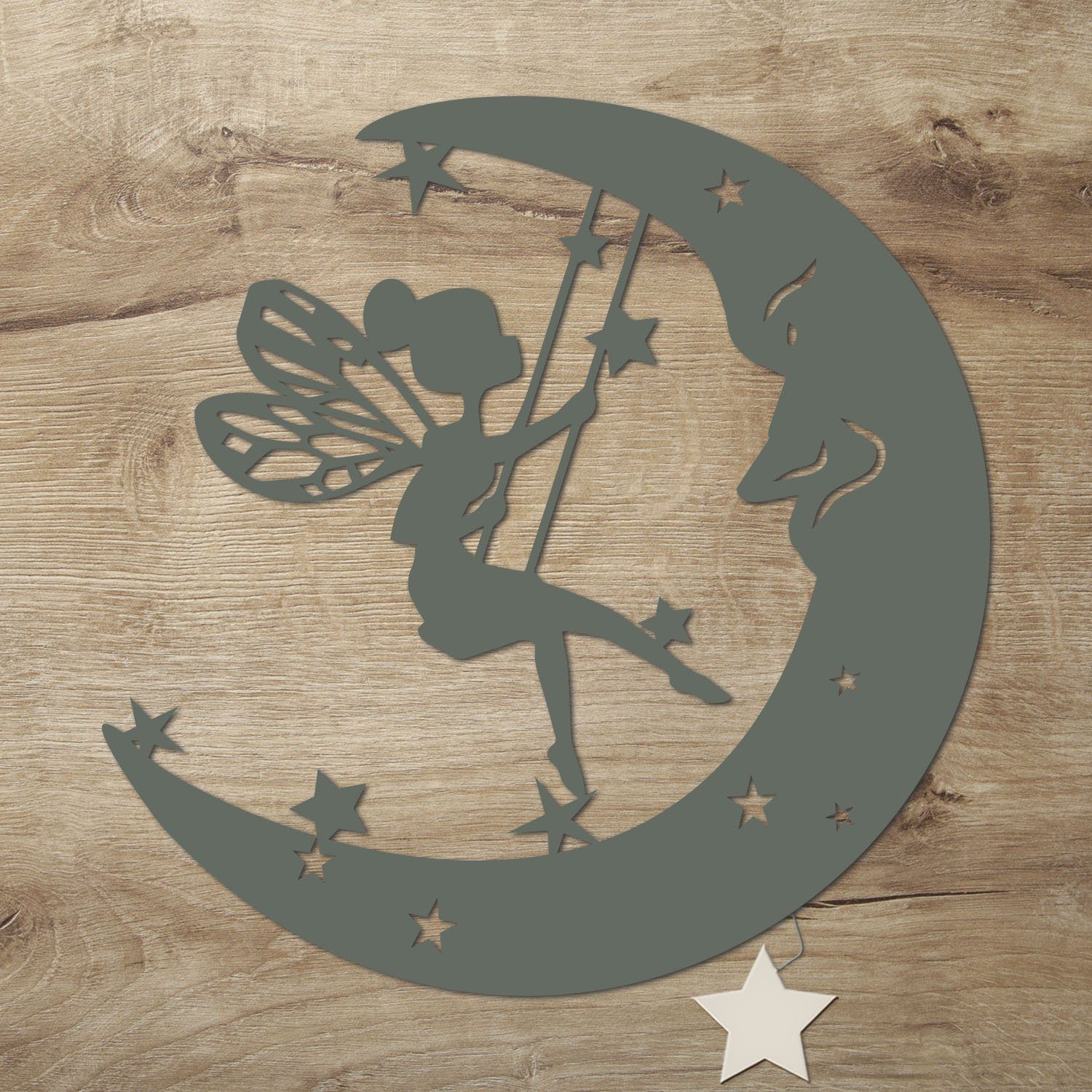 LED Nachtlicht Schaukel-Fee auf Mond Nachtlicht Holz Wandlampe Kinderzimmer