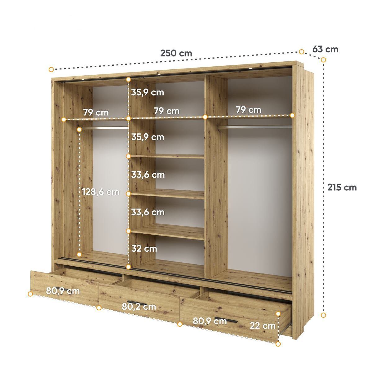 Compleo Kleiderschrank ARTI 01 mit 3 Schubladen, mit Spiegel, 3-türig Schwebetürenschrank