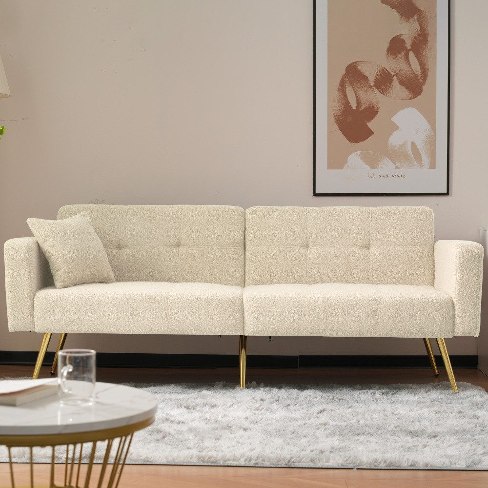 BBWL Sofa Schlafsofa 2-Sitzer mit Bettfunktion, verstellbarer Rückenlehne, Lammwollbezug, goldenen Metallbeinen und Seitentaschen