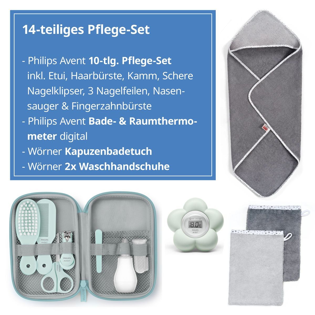 Philips AVENT Baby-Nagelschere Premium Pflege Set, Badethermometer, Gesundheitsset, Kapuzenbadetuch, 2 Waschhandschuhe