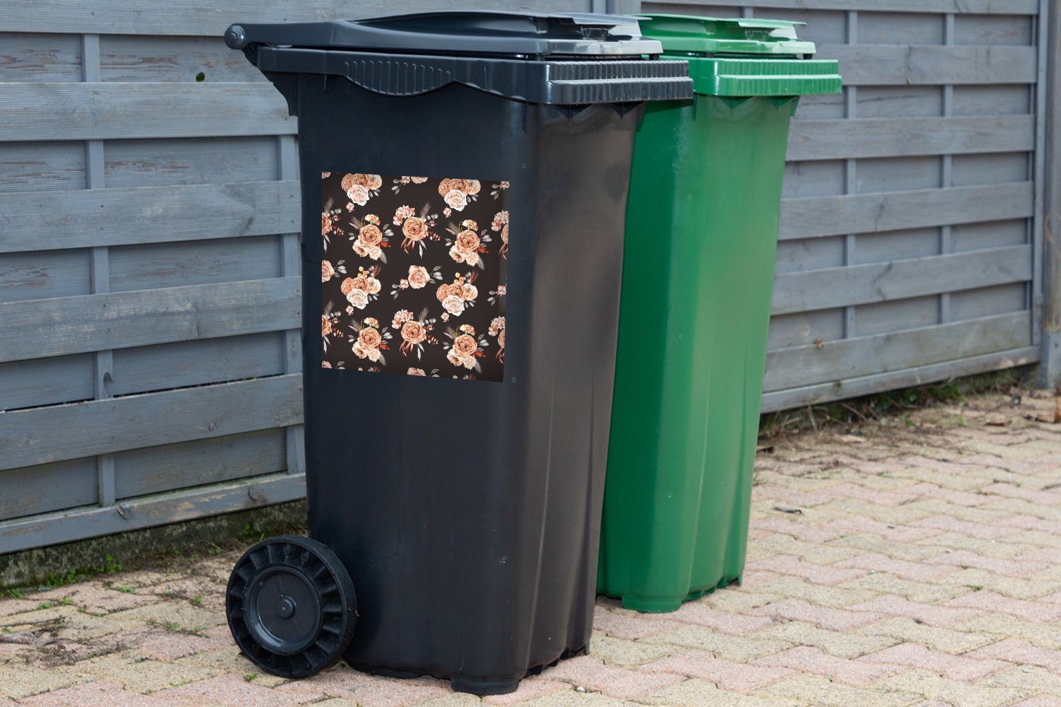 Sticker, St), (1 - Container, Abfalbehälter Mülleimer-aufkleber, MuchoWow Wandsticker Schwarz Blumen Mülltonne, - Rosen
