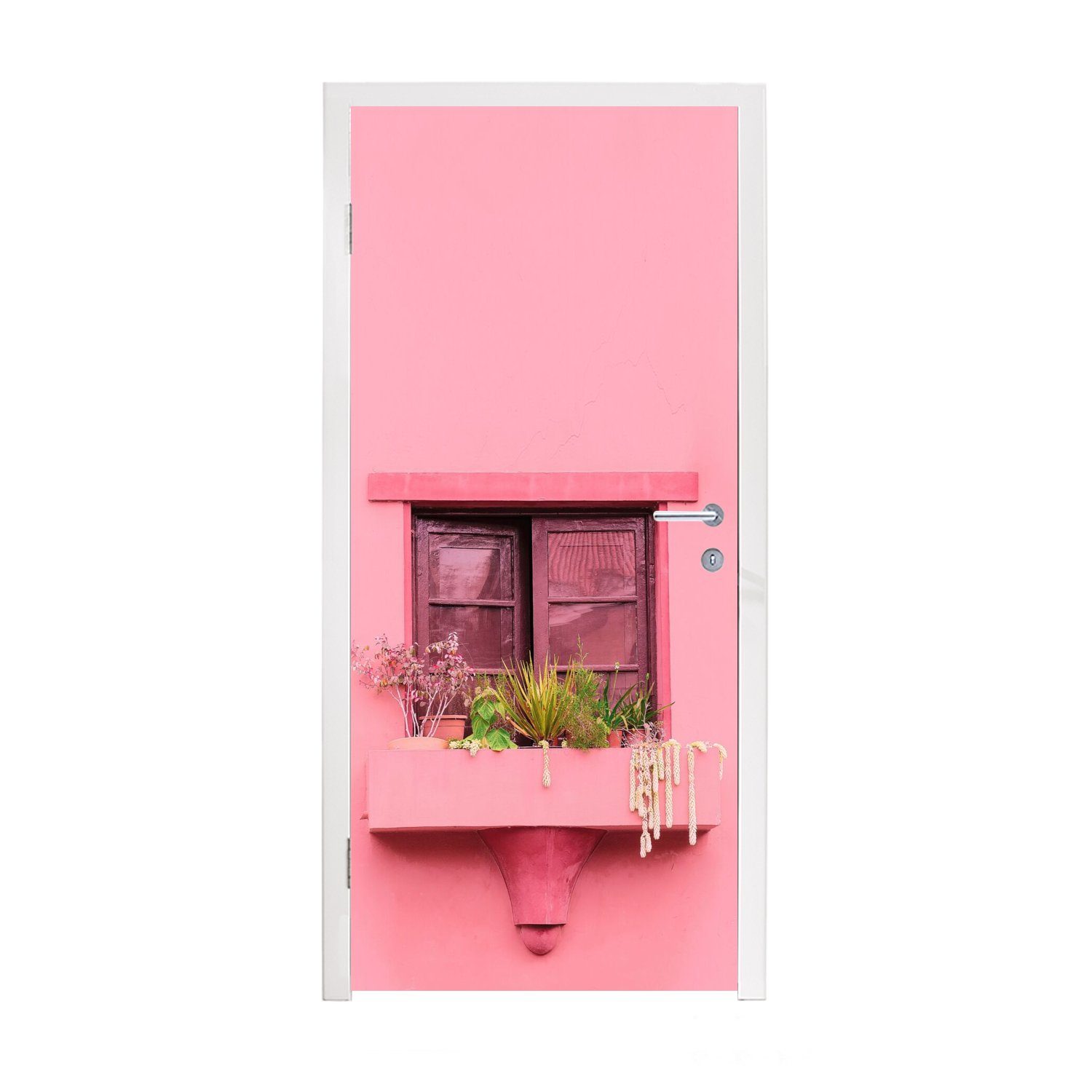 MuchoWow Türtapete Fenster - Pflanzen - Rosa - Pflanzgefäß, Matt, bedruckt, (1 St), Fototapete für Tür, Türaufkleber, 75x205 cm | Türtapeten