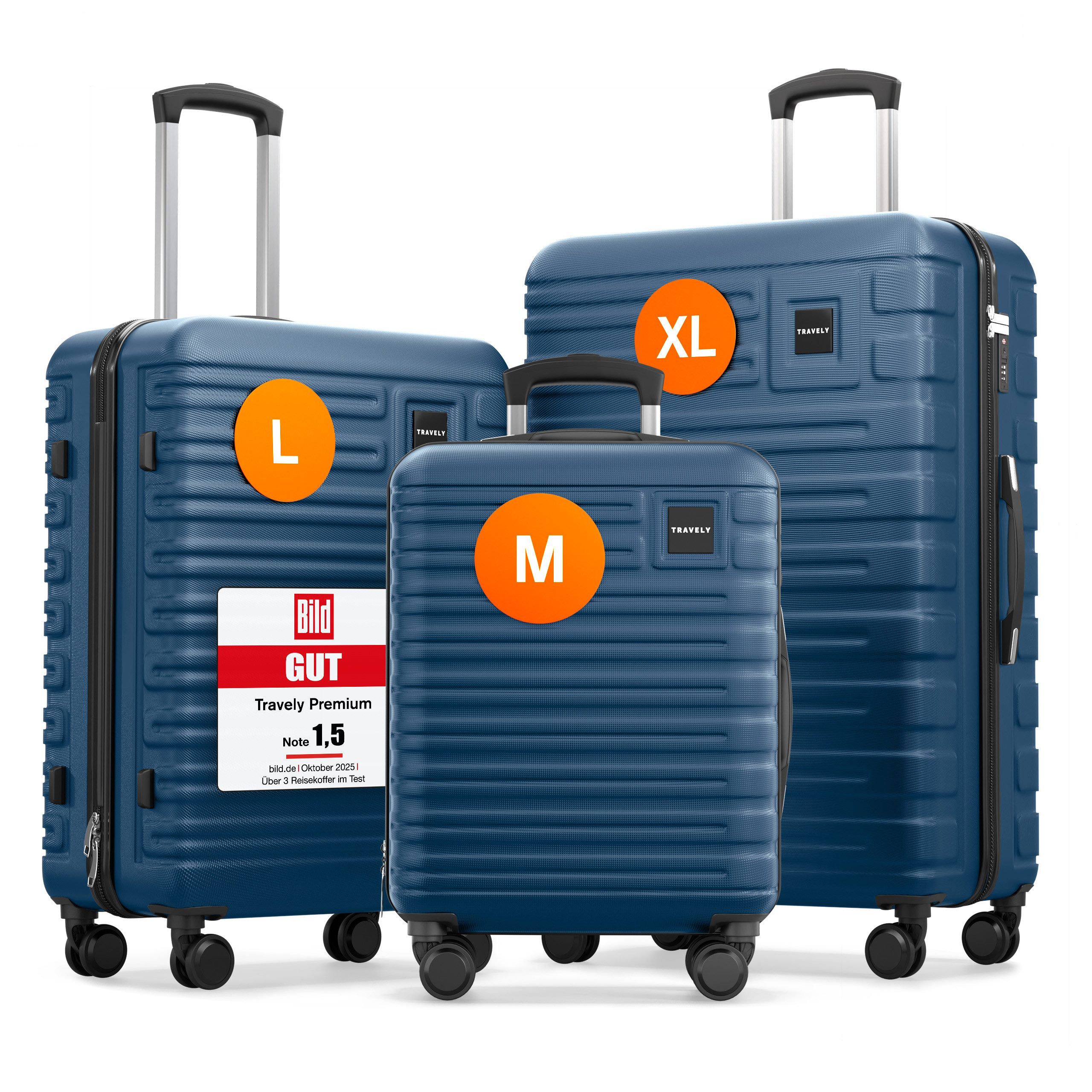 Travely Koffer Polycarbonat Koffer Set - 3 teiliges Kofferset, XL + L + M, 4 Rollen, Designed in Germany, austauschbare Griffe und Rollen