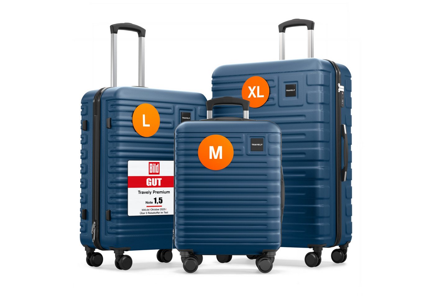 Travely Koffer Polycarbonat Koffer Set - 3 teiliges Kofferset, XL + L + M, 4 Rollen, Designed in Germany, austauschbare Griffe und Rollen