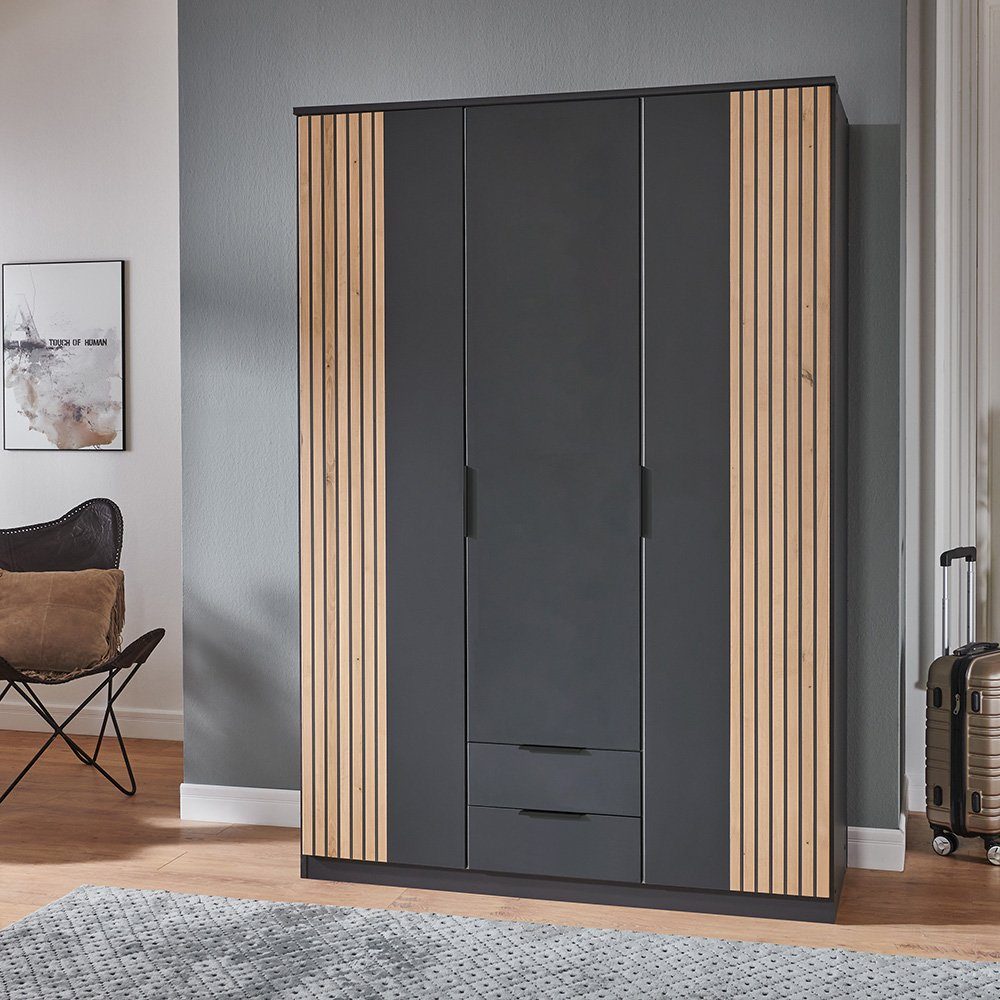 Lomadox Kleiderschrank LAZISE-43 Drehtürenschrank 135cm, graphit mit Eiche