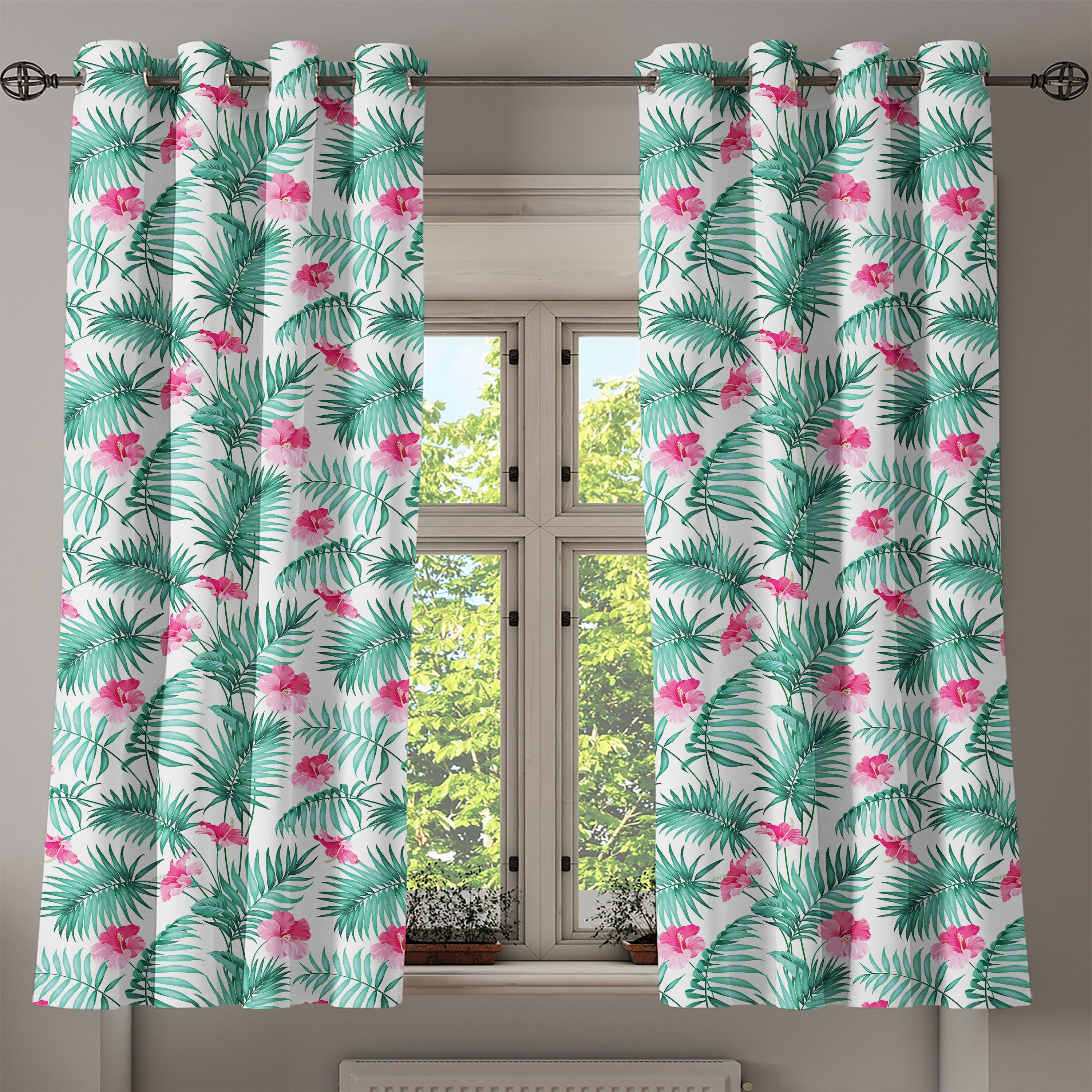 Dekorative Blumen Tropic 2-Panel-Fenstervorhänge Gardine Wohnzimmer, Ferns Aquarell Schlafzimmer Abakuhaus, für