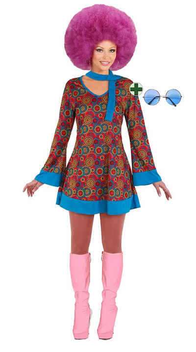 Karneval-Klamotten Hippie-Kostüm Damenkostüm Flower Power mit Hippie Brille groß, Kleid türkis-bunt, V-Ausschnitt, mit Haarband und blauer Brille