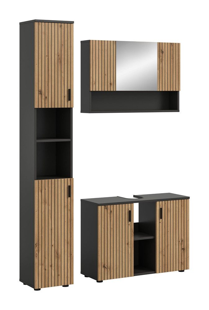 Badmöbel-Set Bad Set Mone, 3-teilig, Basalt grau / Artisan Oak