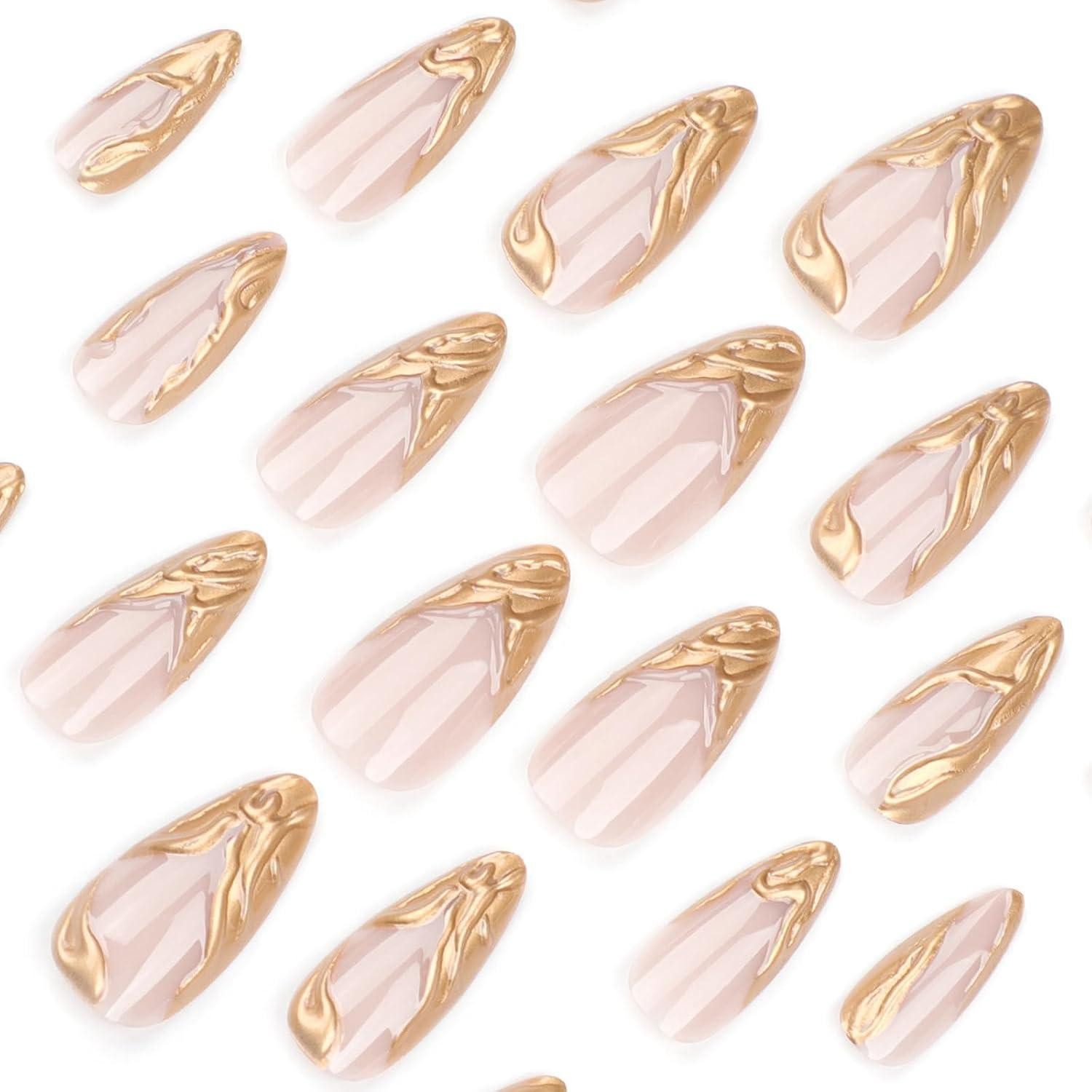 LuxusKollektion Kunstfingernägel Acrylnägel 24 Stück Mittel Mandel French Goldstreifen 3D Gold Streifen