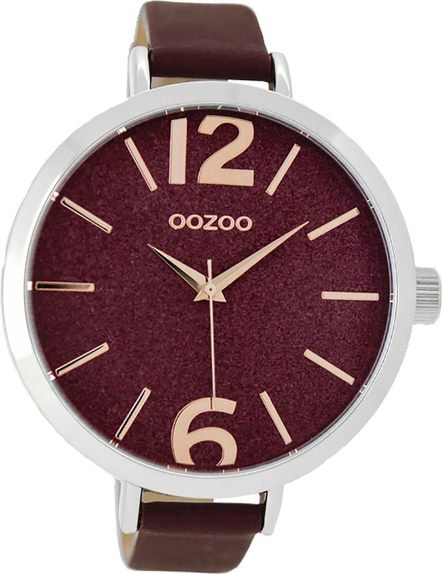 OOZOO Quarzuhr Oozoo Quarz-Uhr Damen silber 48mm) Lederarmband extra groß Timepieces, Gehäuse, (ca. Damenuhr rot, rundes