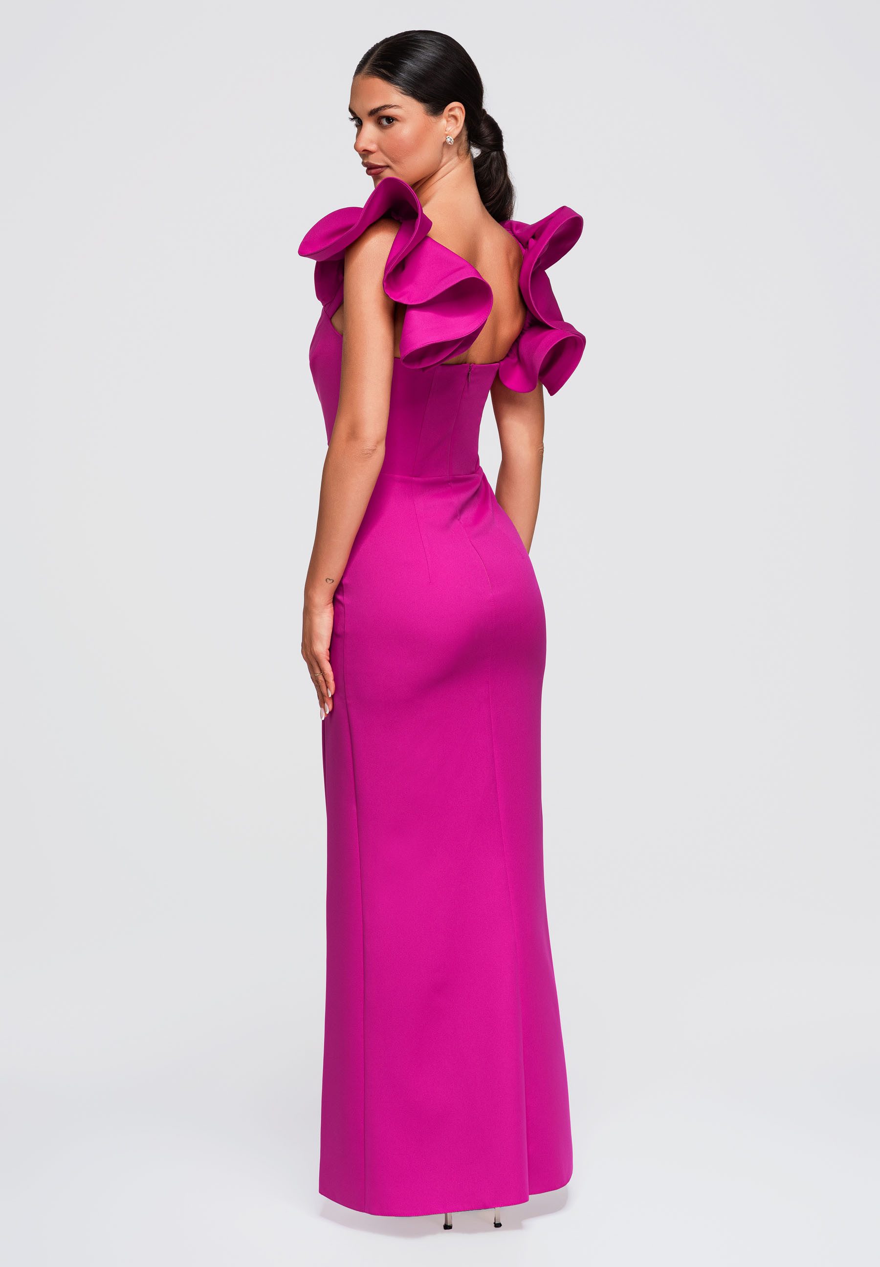OMBRE Abendkleid Damen Abendkleid Maxi mit Herz-Ausschnitt Fuchsia L (kein Set, 1-tlg) in Unifarbe