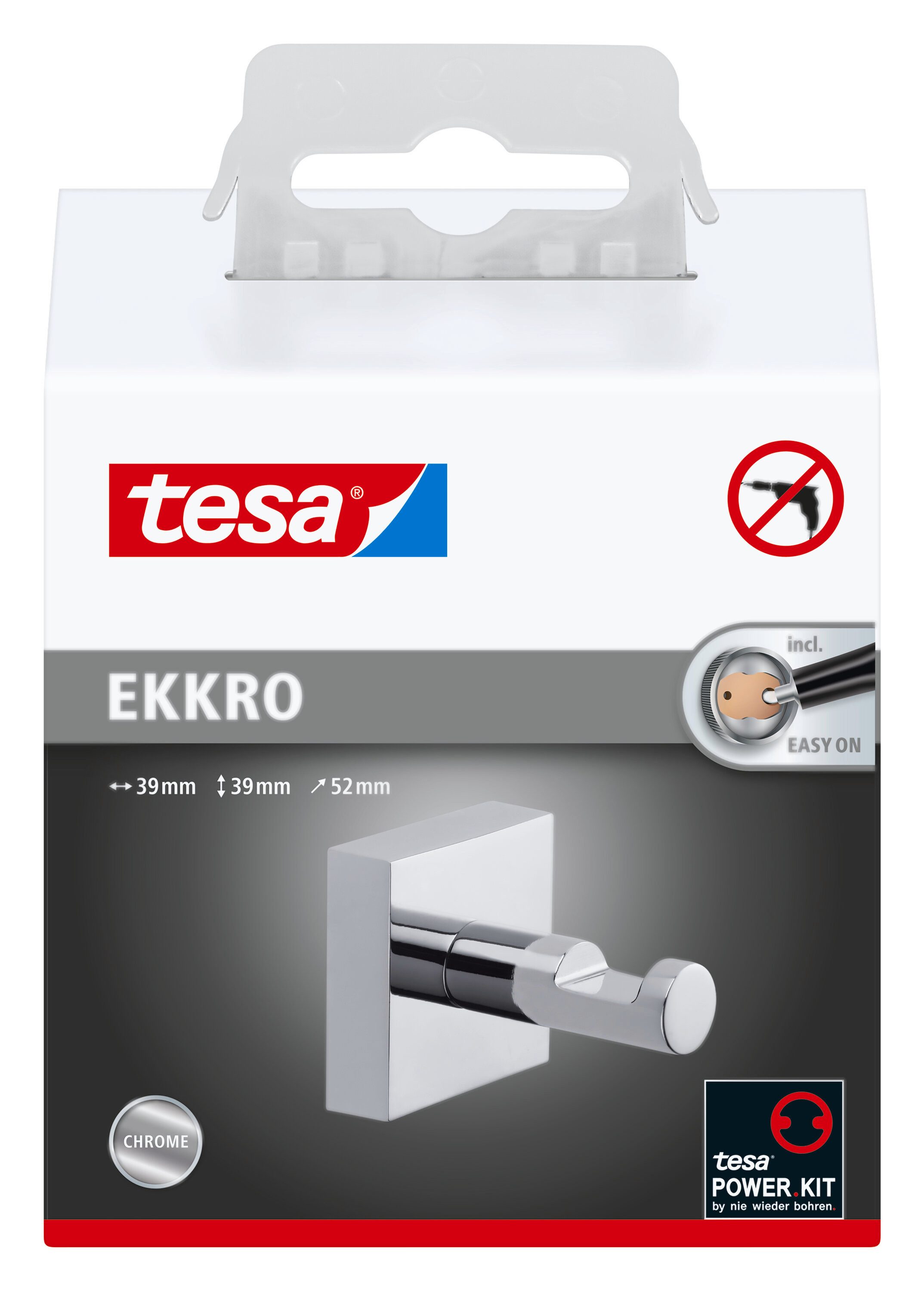 tesa Крючок для полотенец EKKRO Крючок для полотенец ohne Bohren - 3,9 cm : 3,9 cm : 5,2 cm, Badezimmer, Gäste-WC, Wandmontage, (Packung, 1-St., inkl. Klebelösung), selbstklebende Handtuchstange - chrom - silber glänzend