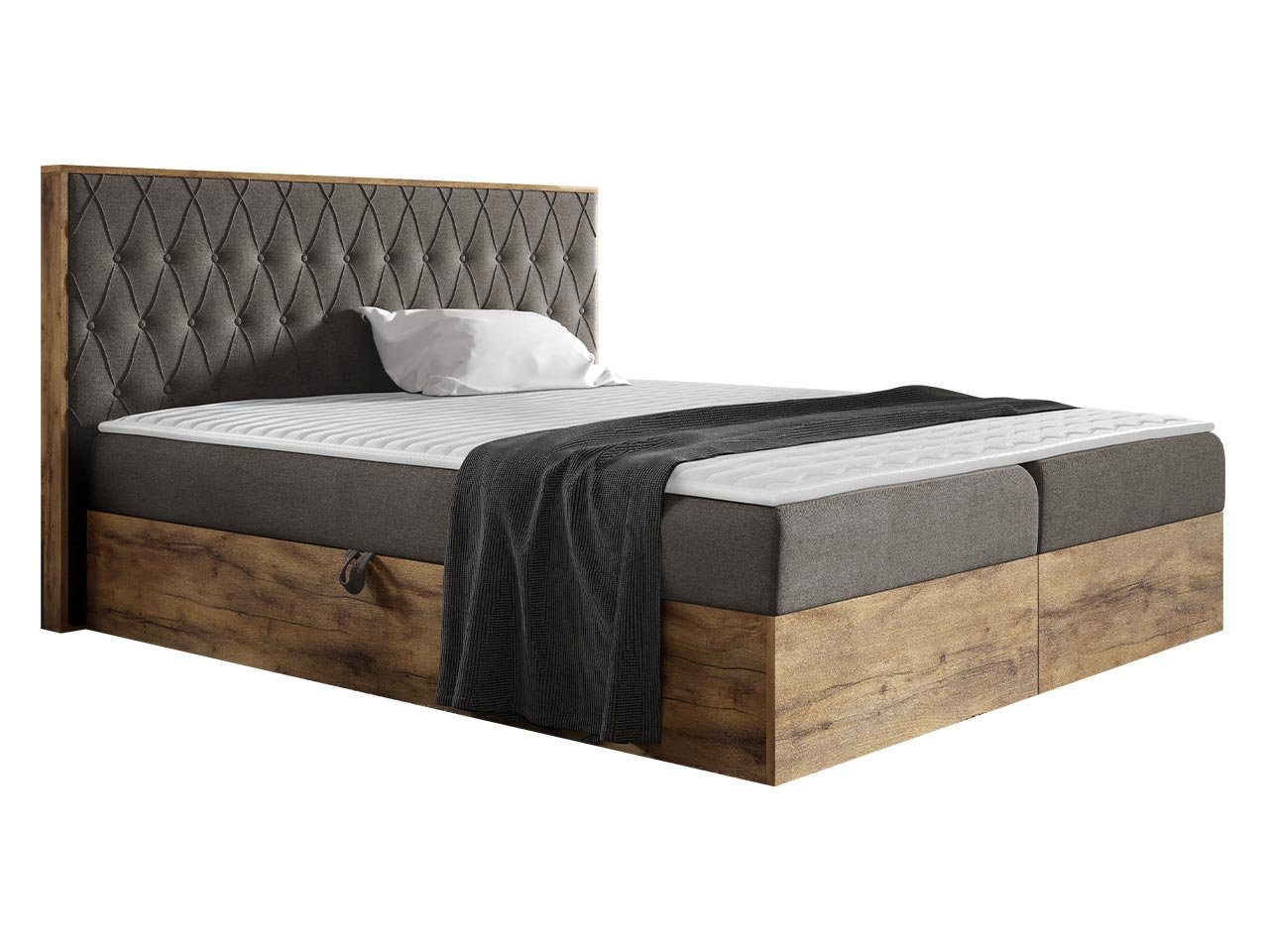 MIRJAN24 Boxspringbett Wood VI (mit zwei Bettkästen für die Bettwäsche), Polsterkopfteil, Topper, Bonellfederkern