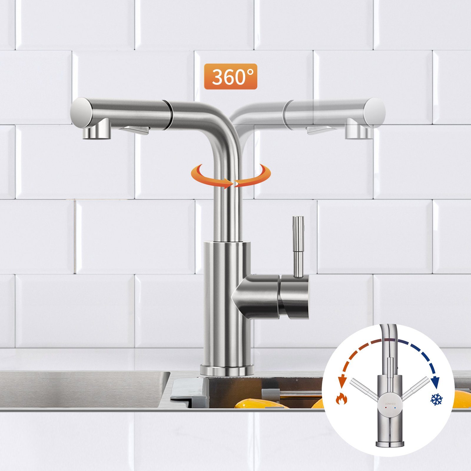 Lonheo Küchenarmatur Strahlarten Brause mit 360° Küchenarmatur 2 Wasserhahn Ausziehbar Drehbar Edelstahl