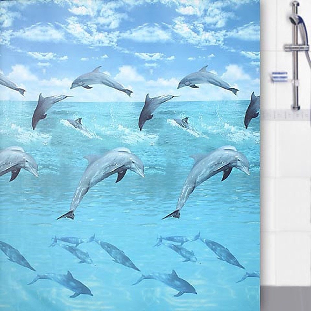 Euroshowers GmbH Duschvorhang Delfinmotiv Blau 180 × 200 cm Polyester mit 12 Ringen Breite 180 cm
