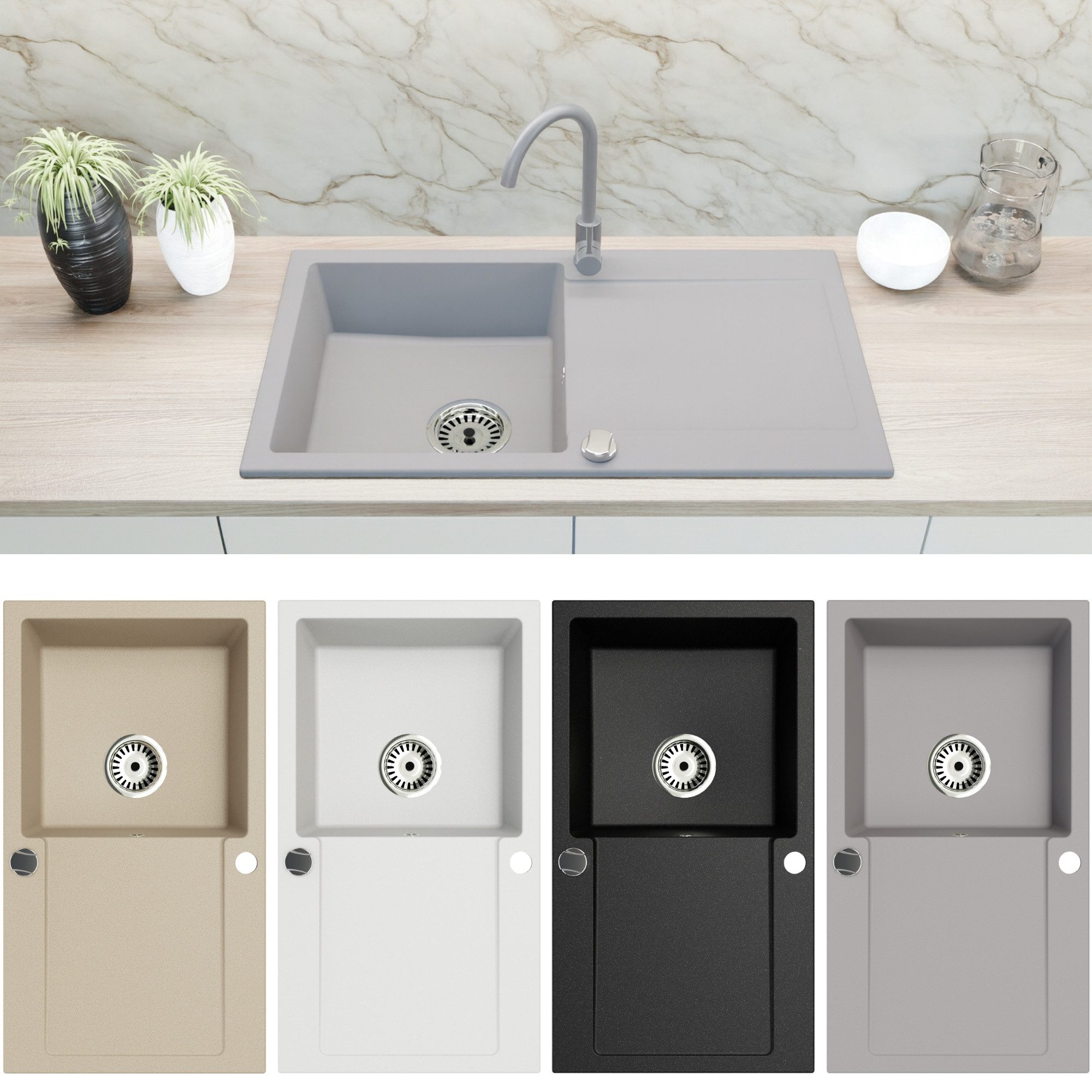 Faizee Home Granitspüle Faizee Home Granitspüle 90x50 cm, eckig, mit Abtropffläche & Siphon