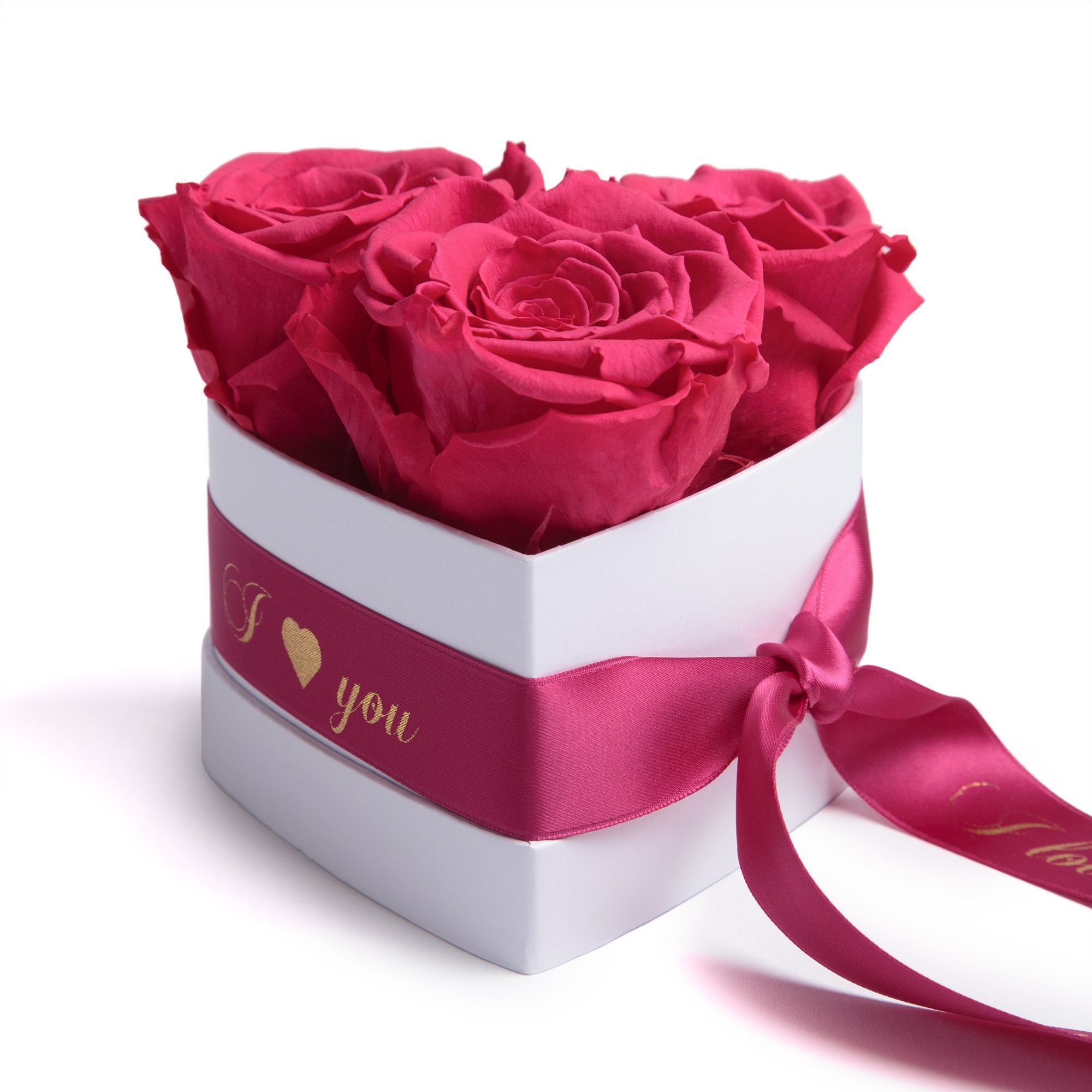Kunstblume Rosenbox Herz 3 konservierte Infinity Rosen in Box I Love You Rose, ROSEMARIE SCHULZ Heidelberg, Höhe 8.5 cm, Valentinstag Geschenk für Sie Pink | Kunstblumen