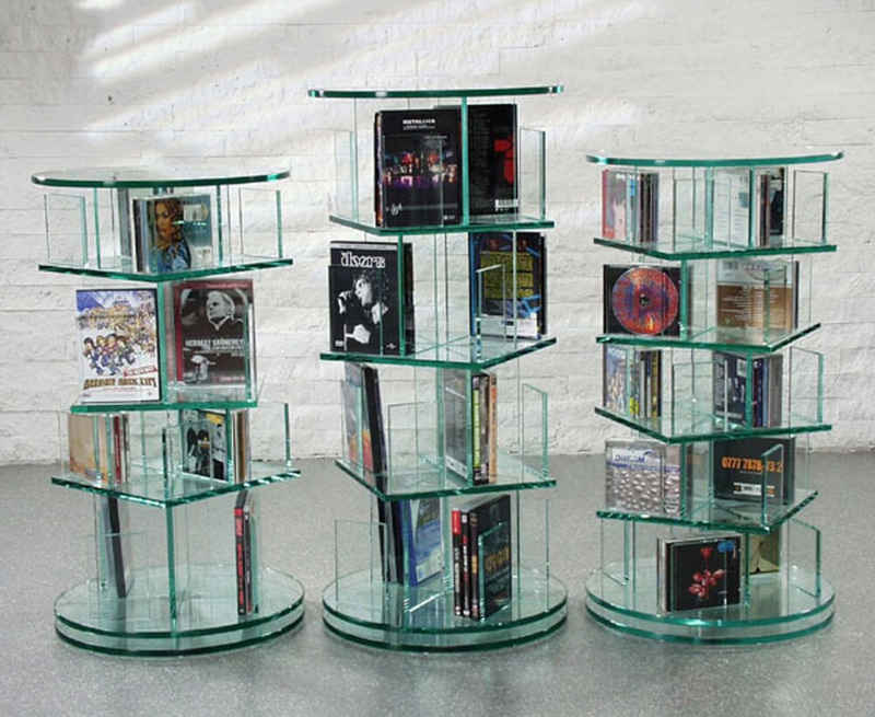 Design Objekte Media-Regal CD-DVD-Archiv drehbar aus Glas mit Rollenlager, 5-Stöckig oder 7-Stöckig, 250 CD's bzw. 350 CD's