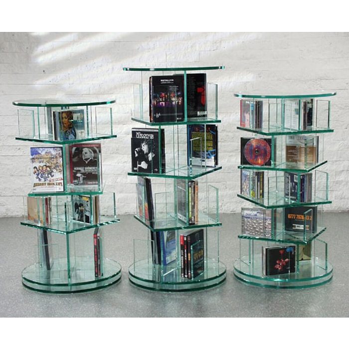Design Objekte Media-Regal CD-DVD-Archiv drehbar aus Glas mit Rollenlager 5-Stöckig oder 7-Stöckig 250 CD's bzw. 350 CD's