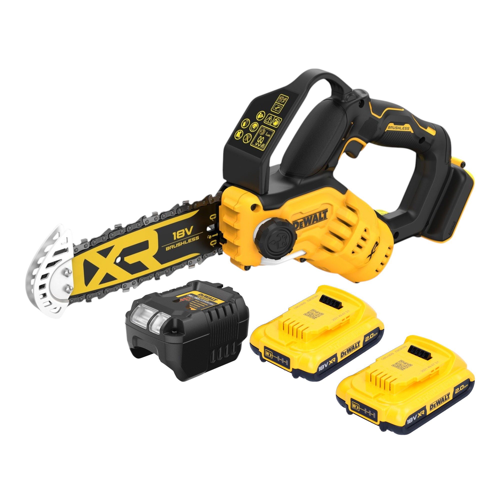 DeWalt Benzin-Kettensäge DCMPS 520 D2 18 V 20 cm Brushless + 2x Akku 2,0 Ah + Ladegerät