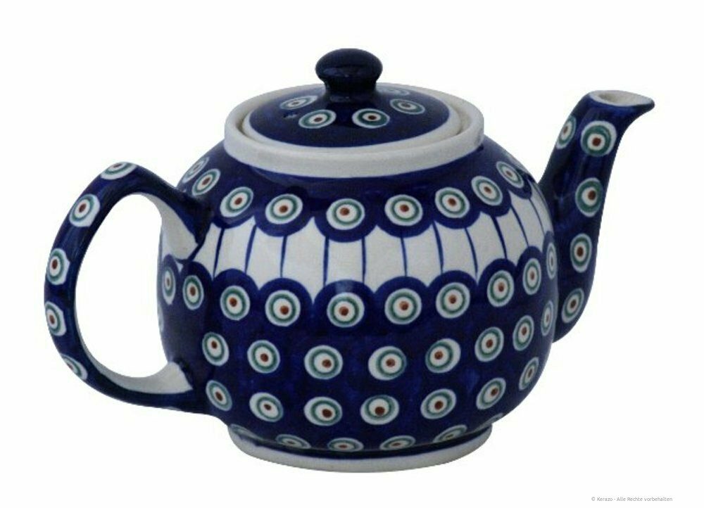 Bunzlauer Keramik Teekanne 1 Liter Teekanne mit Stövchen – Zeitlos, kompakt-bauchige Form,Dekor 8, 1,00 l