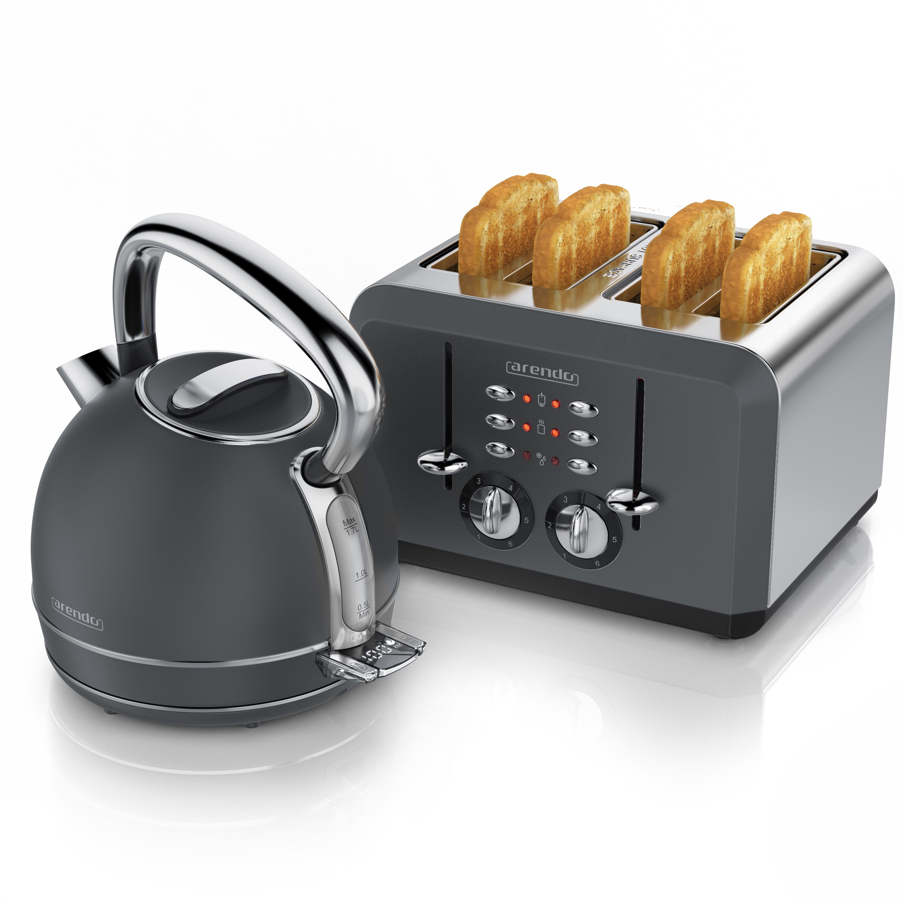 Arendo Frühstücks-Set Edelstahl Wasserkocher 1,7l, 4-Scheiben Kurzschlitz Toaster, Cool Grey (2-tlg), Retro Wasserkocher mit Temperatureinstellung, Vintage Toaster