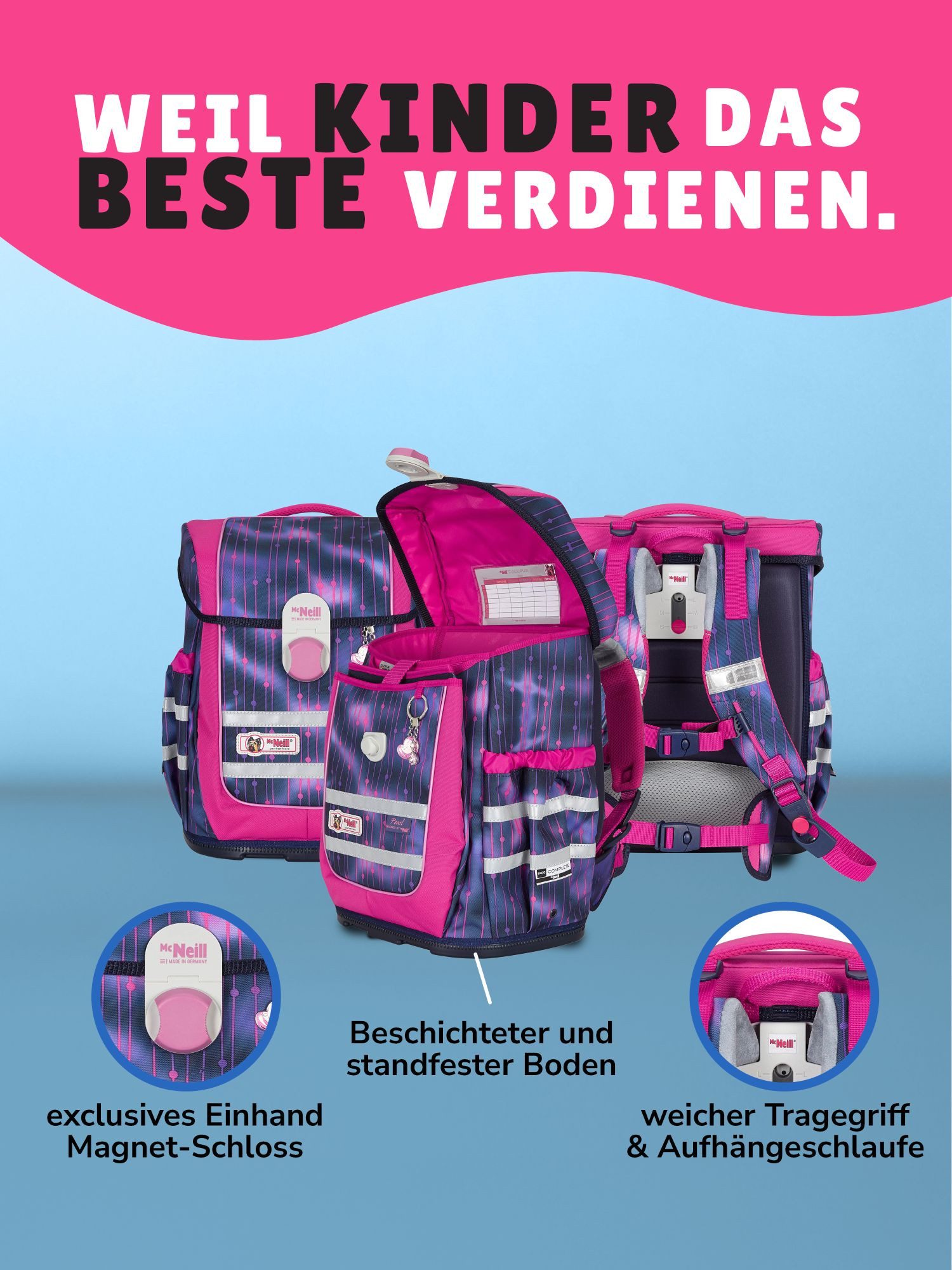 McNeill Schulranzen Ergo Complete "Pearl" Mädchen Schultasche Lila Pink ab der 1. Klasse (Set, 9-tlg., inkl. Federmäppchen und Sporttasche), ergonomisch; mit Brustgurt; verstellbar - wächst mit dem Kind mit