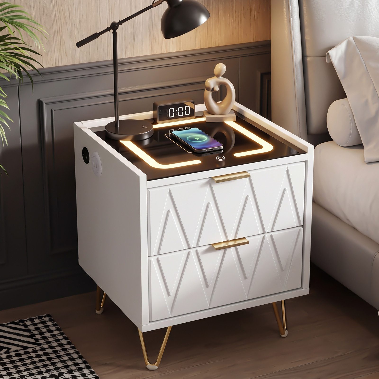 oyajia Nachttisch Nachttisch mit LED-Beleuchtung, Beistelltisch mit 15W Kabelloses Laden (Nachttisch mit USB + Type-C, Beistelltisch, 2/ 3 Schubladen, modern), für modernes Schlafzimmerdesign