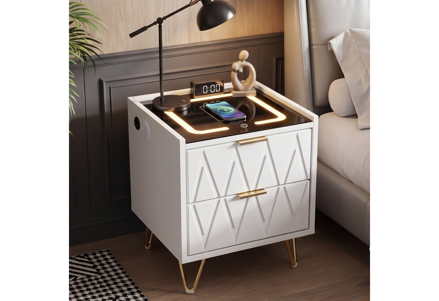 oyajia Nachttisch Nachttisch mit LED-Beleuchtung, Beistelltisch mit 15W Kabelloses Laden (Nachttisch mit USB + Type-C, Beistelltisch, 2/ 3 Schubladen, modern), für modernes Schlafzimmerdesign