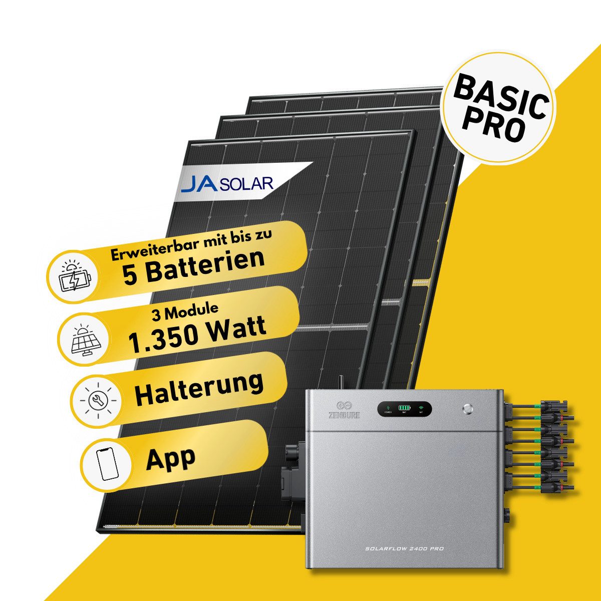 Balkonstrom Balkonkraftwerk Basic Pro 1350W Solaranlage mit Speicher Komplettset Bifazial, 1350 W, Monokristallin, (3x JA Solarmodul á 450 Watt, 1x Zendure SolarFlow 2400 Pro 2, 1-5 Zusatzspeicher AB3000L), Halterung für Dach, Fassade, Balkon & Garten, App & Plug&Play DE