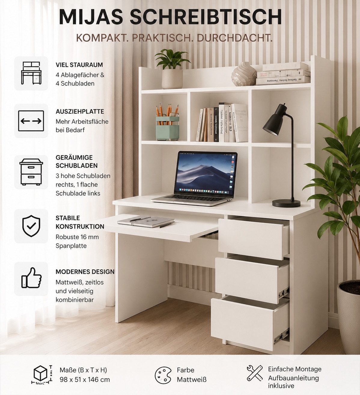 ibonto Schreibtisch Computertisch mit Aufsatz, 4 Schubladen und Ausziehplatte (1 Schreibtisch), Erweiterbare Arbeitsfläche