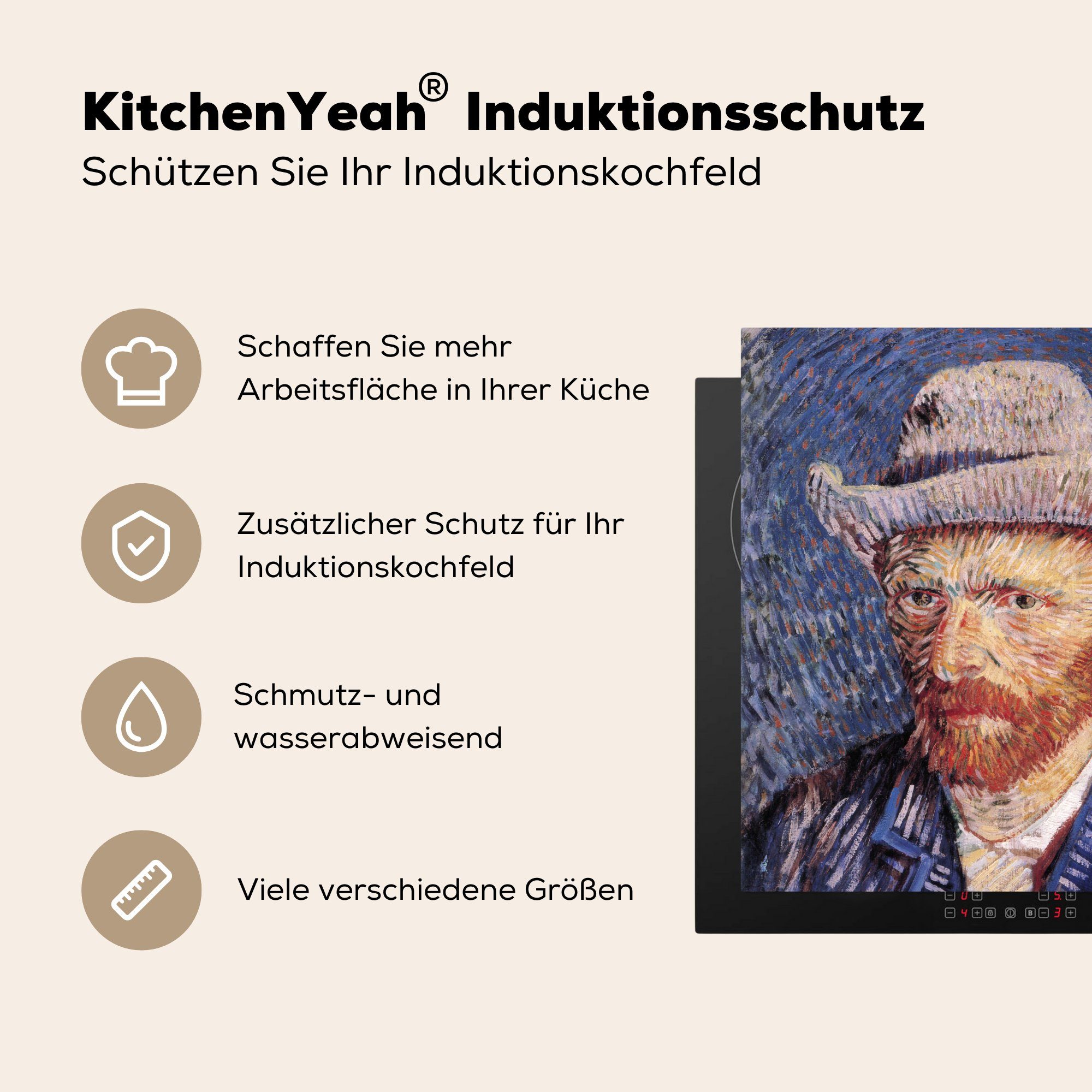 MuchoWow Vinyl, Vincent Herdblende-/Abdeckplatte für mit küche van Gogh, (1 Filzhut Ceranfeldabdeckung, - Selbstbildnis 78x78 Arbeitsplatte grauem tlg), cm,