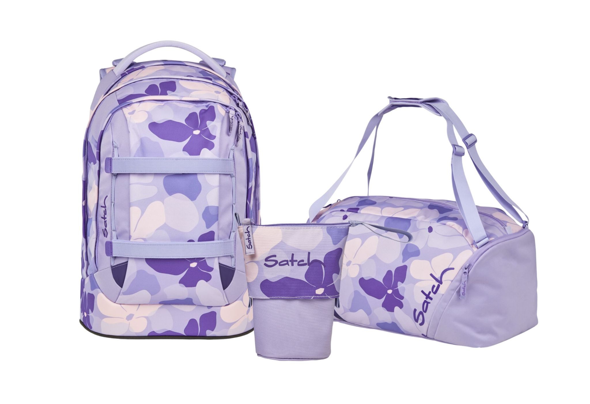 Satch Schulranzen Schulrucksack-Set PACK Lilac Blossom 3-teilig (3-teilig), ergonomisch, Your-Size-System: auf Körpergröße anpassbar