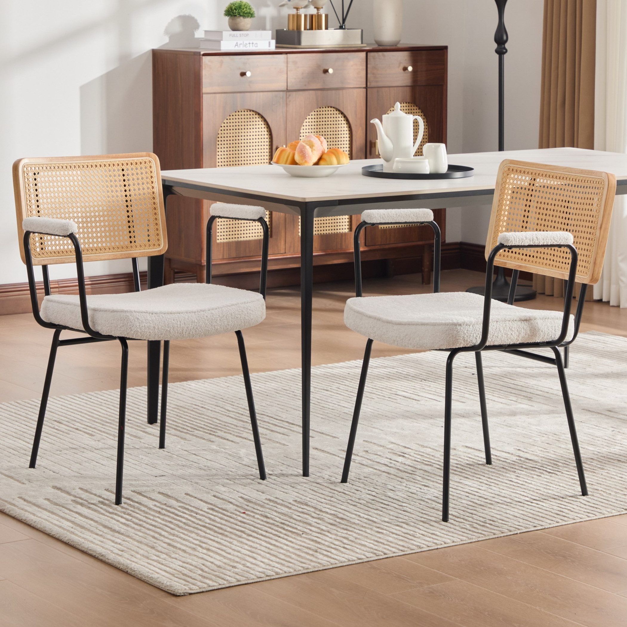 SeedWave Esszimmerstuhl 2er Set Küchenstuhl Metallgestell, PE-Rattan Rücken mit Holzrahmen, 105°-Winkel zwischen Armlehnen und Rückenlehne, 120kg Belastbarkeit